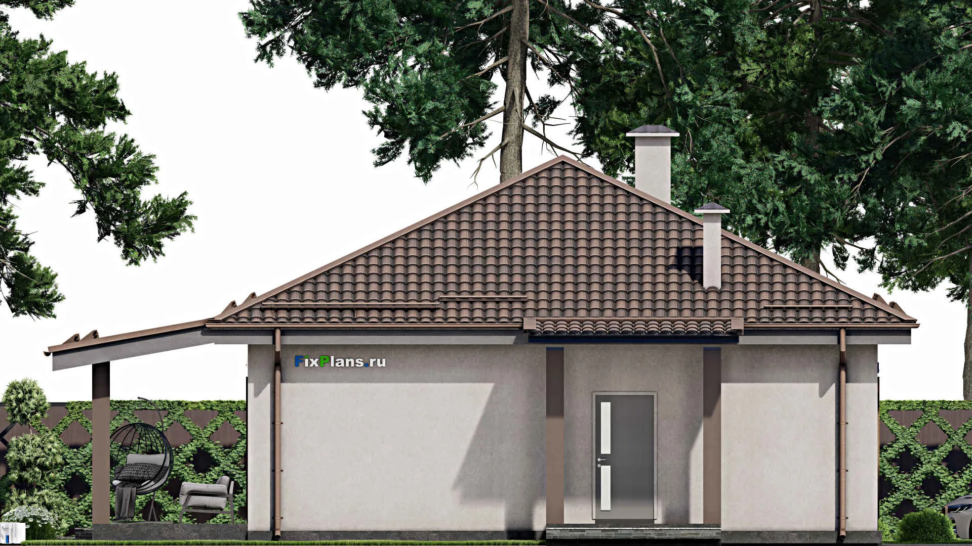 F-8747 - Проект одноэтажного дома 14 на 18, площадью 180 м² с террасой и 5 спальнями