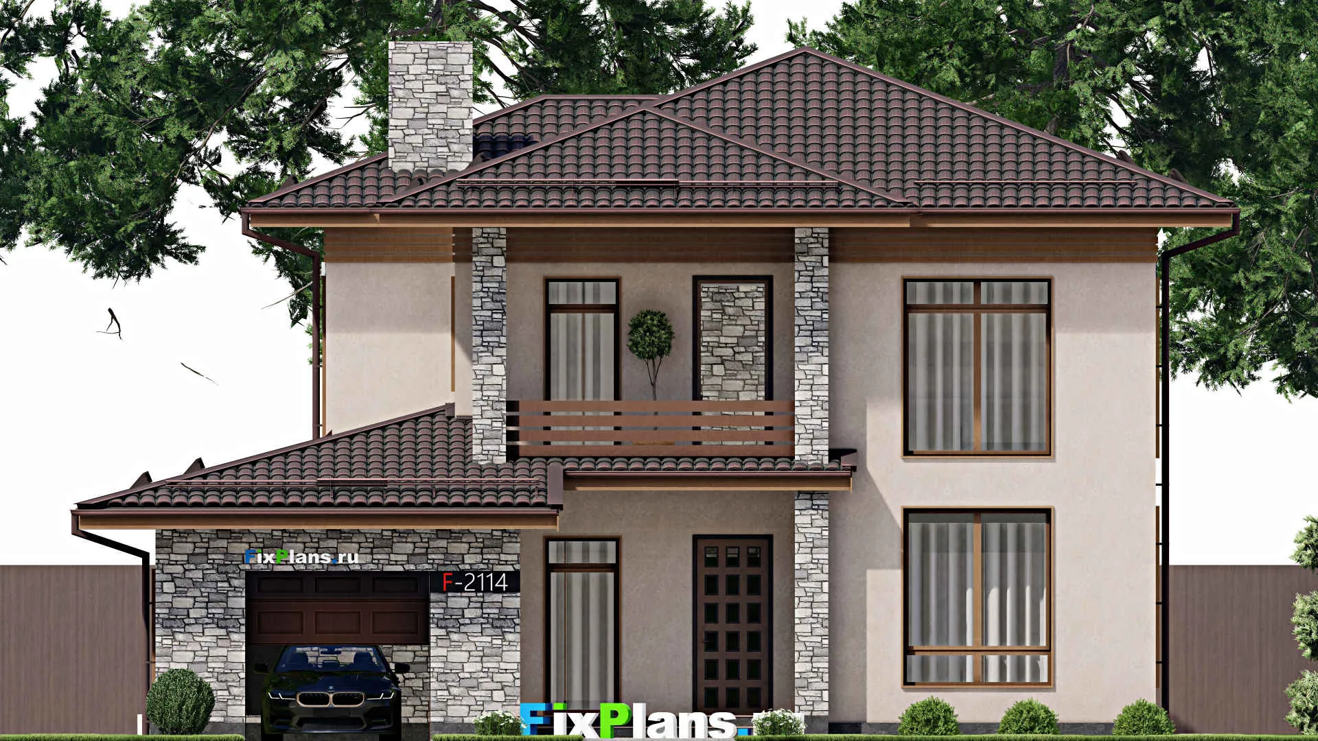 F-2114 - Проект двухэтажного дома 14 на 16, площадью 240 м² с балконом, гаражом на 1 машину и 4 спальнями