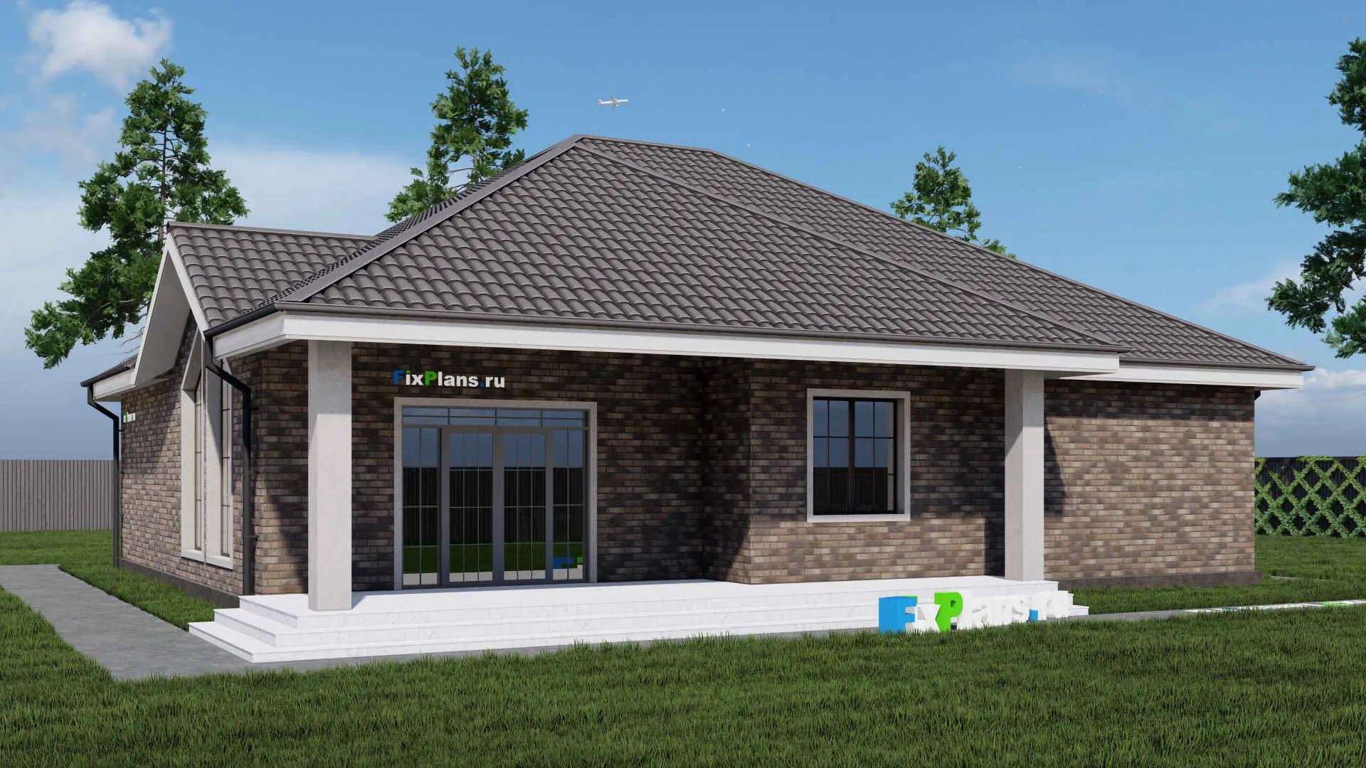 F-0683 - План одноэтажного дома 14 на 16, площадью 190 м² с террасой и 3 спальнями