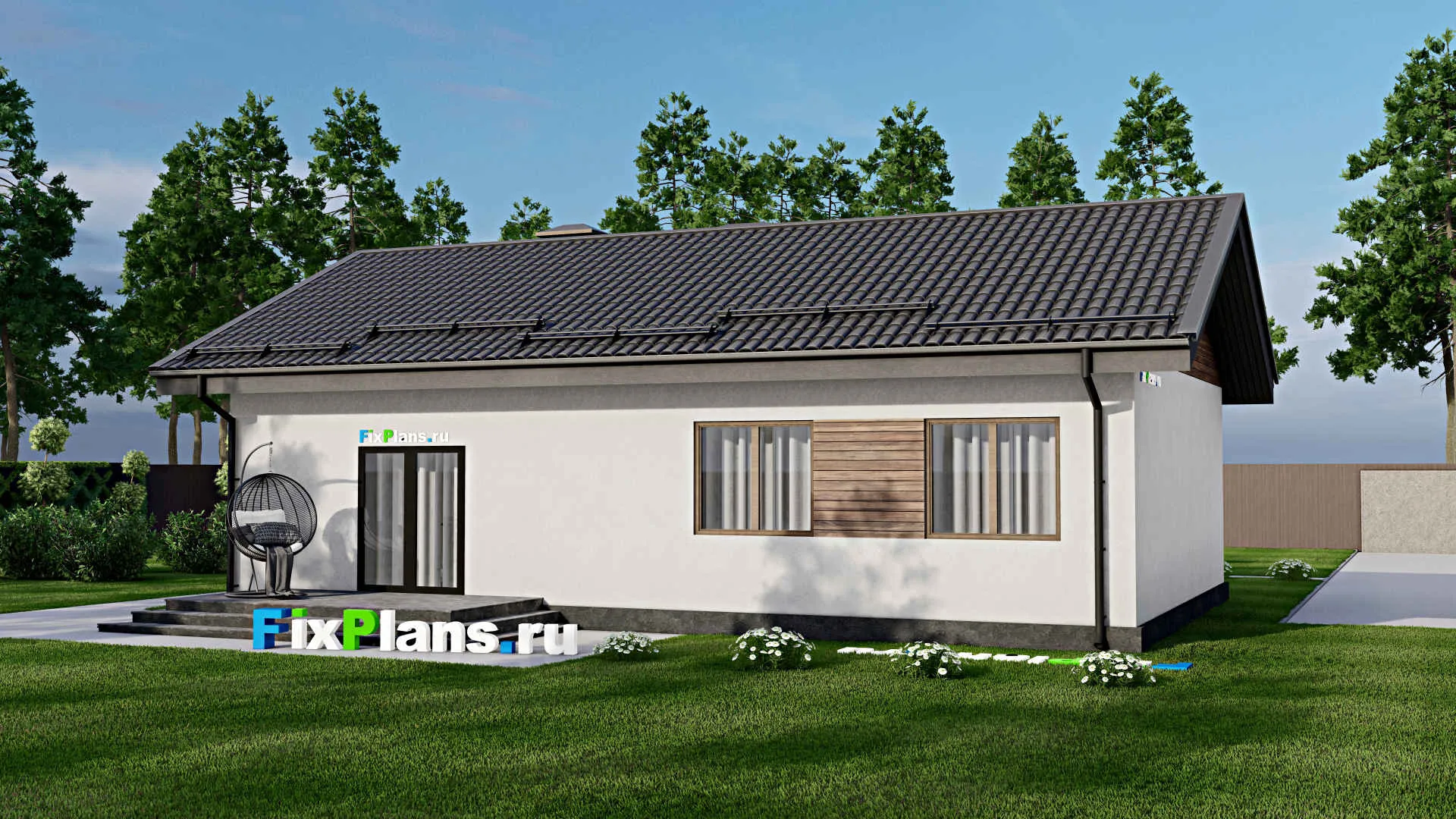 F-3995 - Проект одноэтажного дома 9 на 14, площадью 110 м² с террасой и 3 спальнями