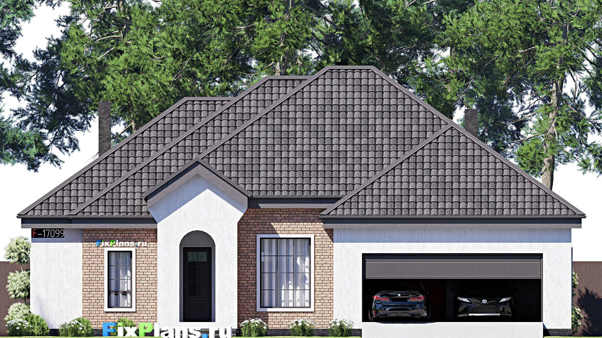 F-17099 - Проект одноэтажного дома 17 на 21, площадью 220 м² с террасой, гаражом на 2 машины и 3 спальнями