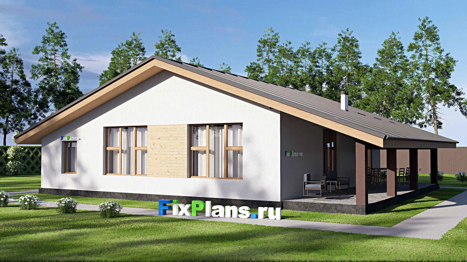 F-19943 - Проект одноэтажного дома 13 на 16, площадью 170 м² с террасой и 3 спальнями