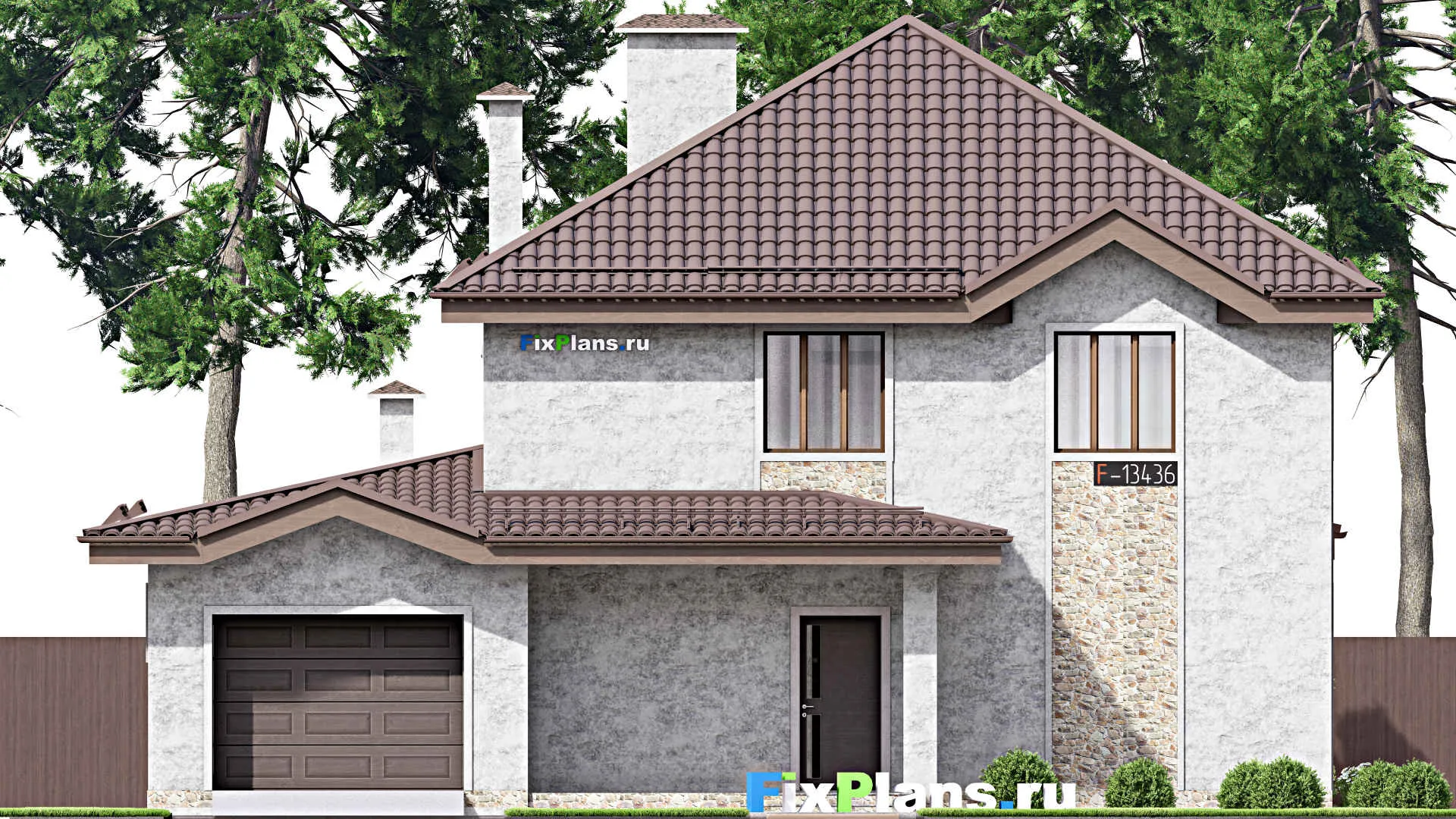 F-13436 - Проект двухэтажного дома 14 на 15, площадью 210 м² с террасой, баней, гаражом на 1 машину и 3 спальнями