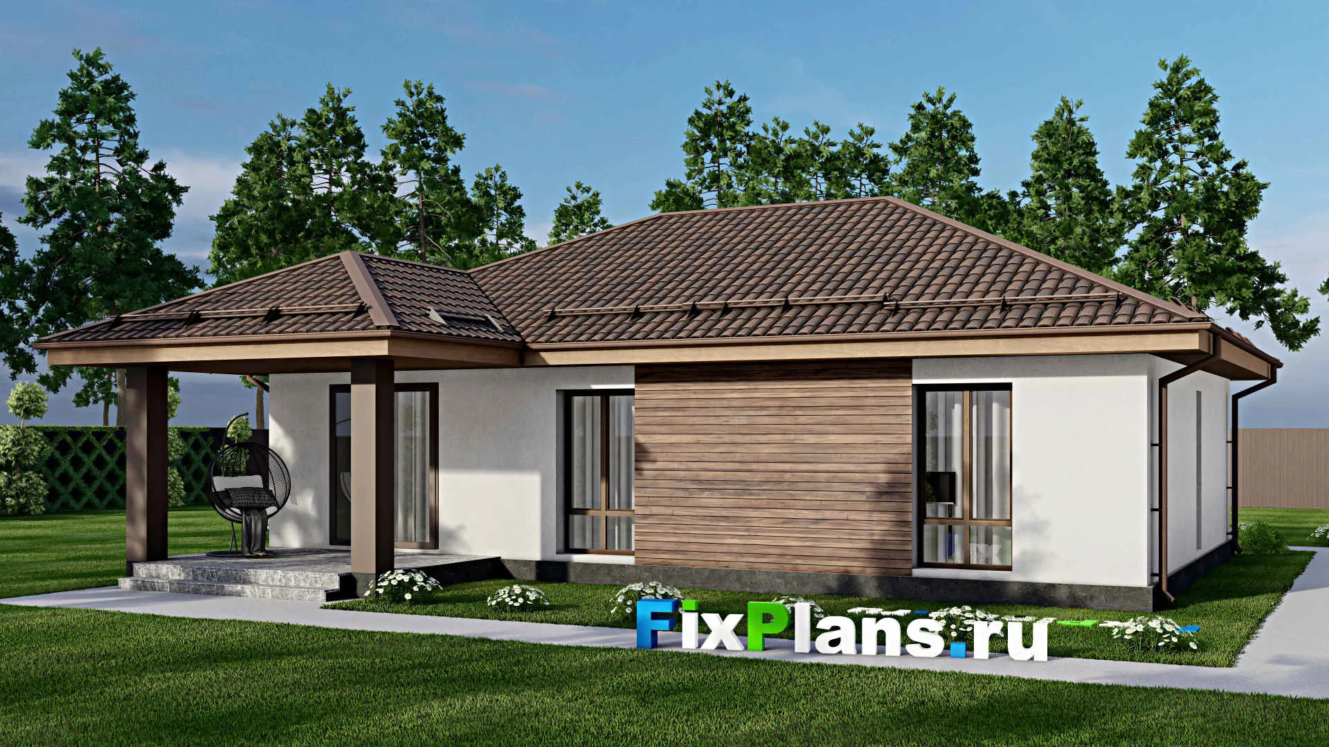 F-10799 - Проект одноэтажного дома 13 на 14, площадью 120 м² с террасой и 3 спальнями