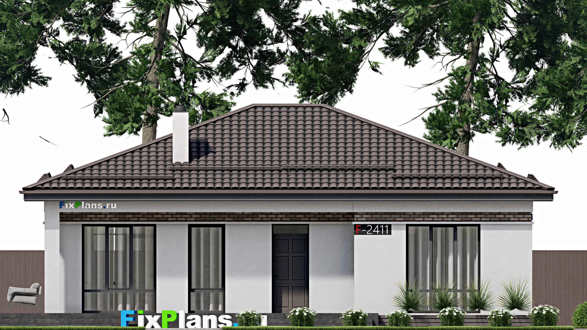 F-2411 - План одноэтажного дома 12 на 14, площадью 170 м² с террасой и 3 спальнями