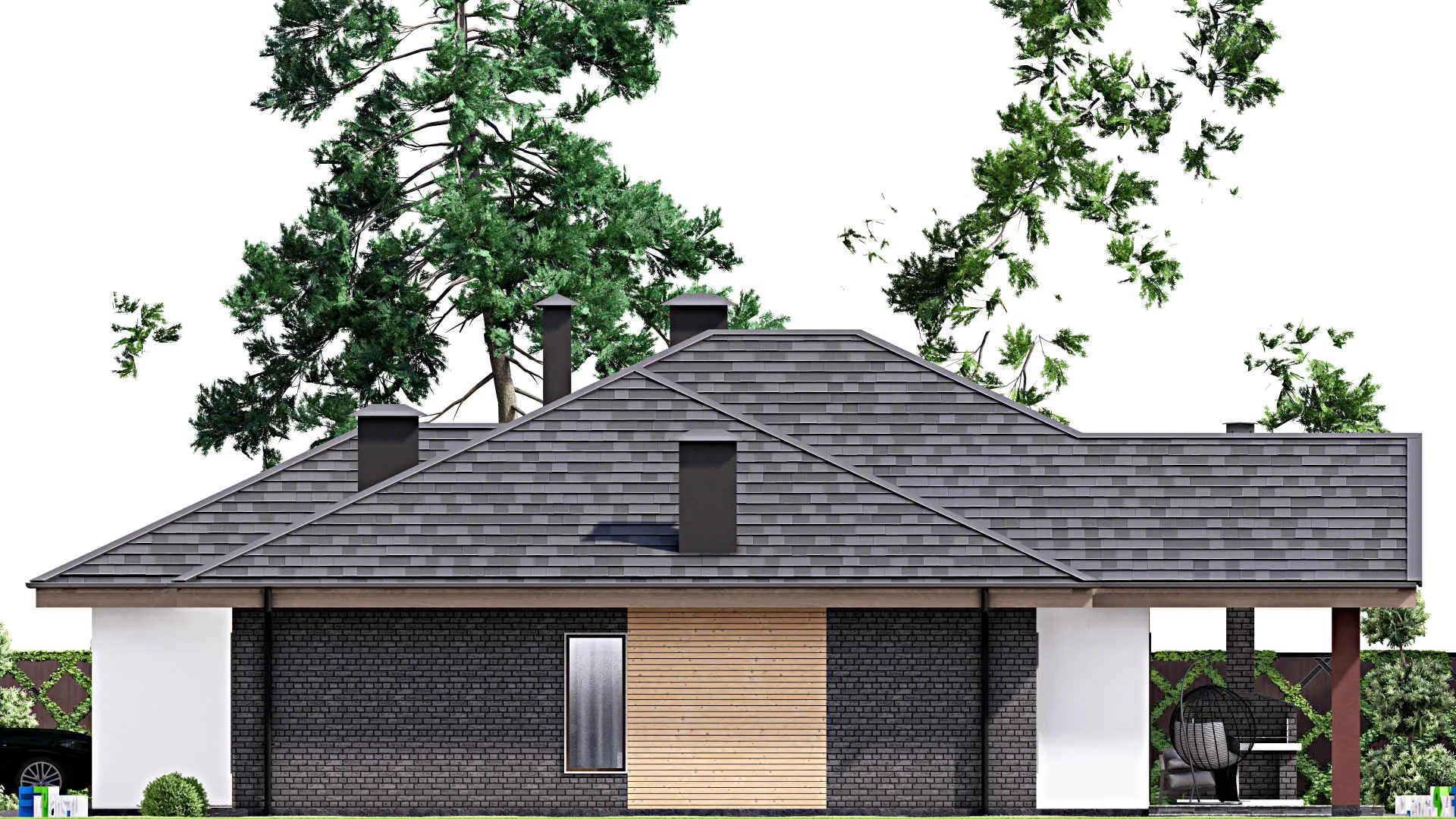 F-12905 - Проект одноэтажного дома 18 на 18, площадью 290 м² с террасой, цокольным этажом, гаражом на 2 машины и 3 спальнями