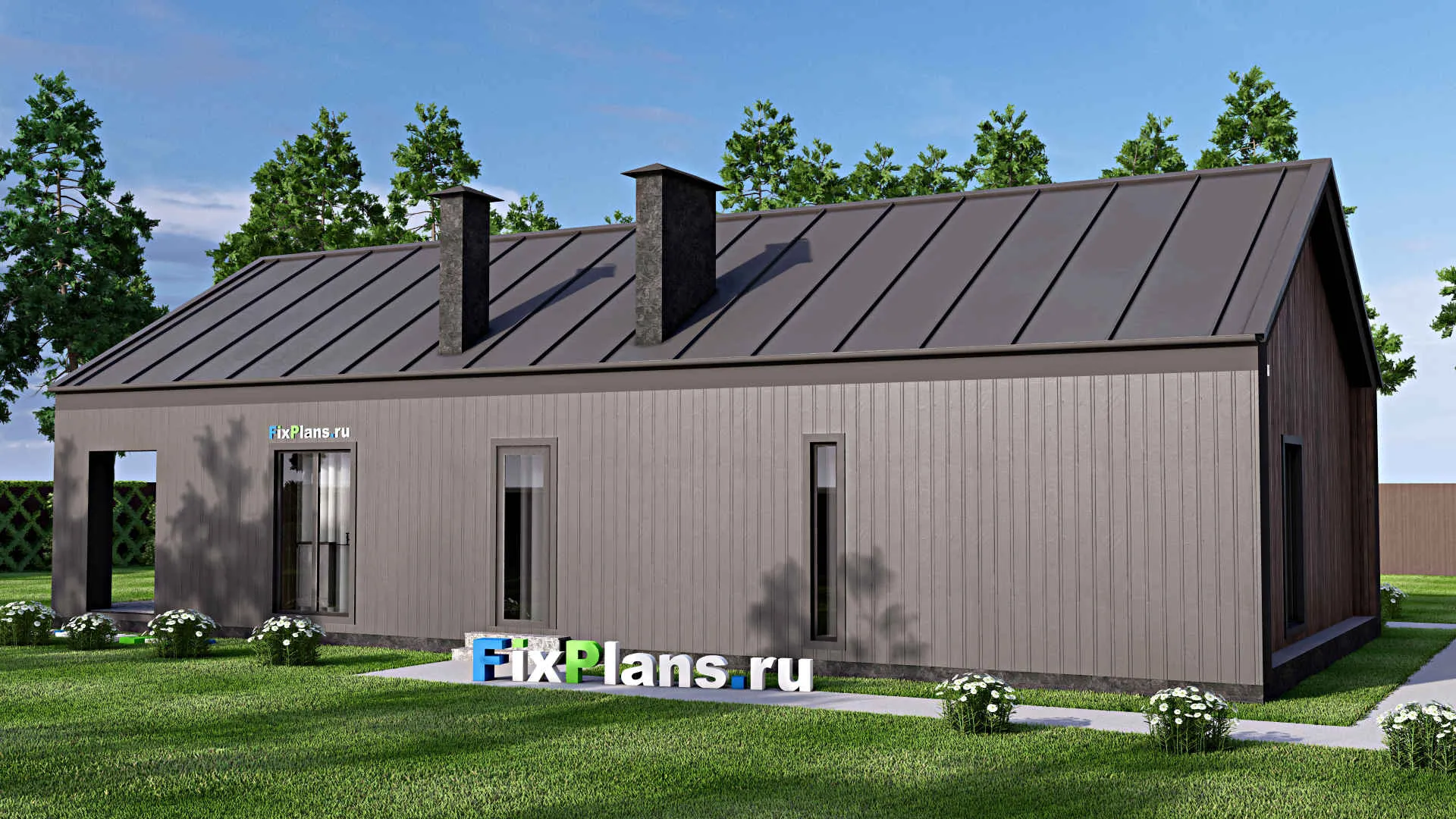 F-12968 - Проект одноэтажного дома 10 на 19, площадью 150 м² с террасой и 2 спальнями