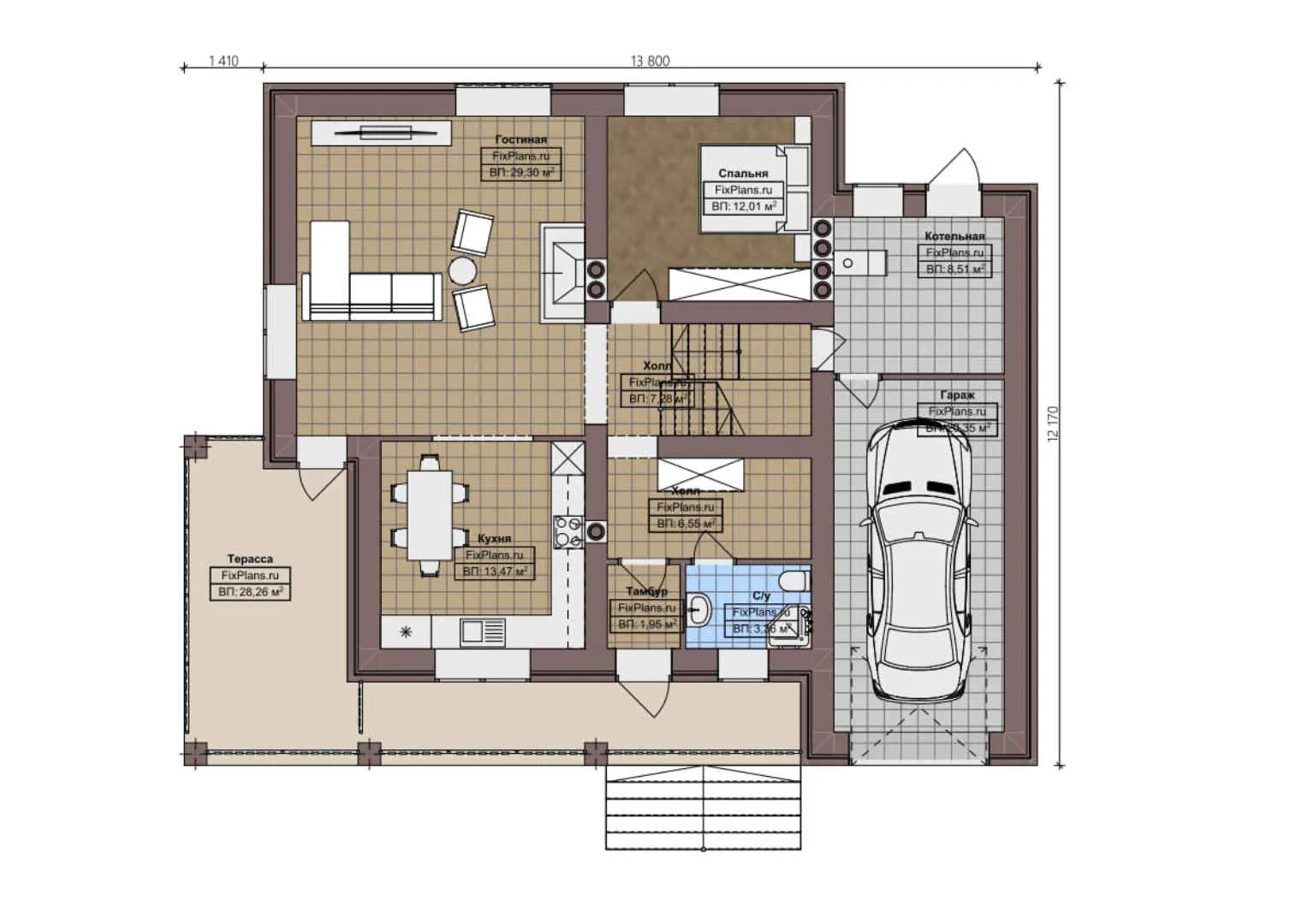 F-3293 - Планы дома с мансардой 13 на 14, площадью 250 м² с террасой, балконом, гаражом на 1 машину, спортзалом и 4 спальнями