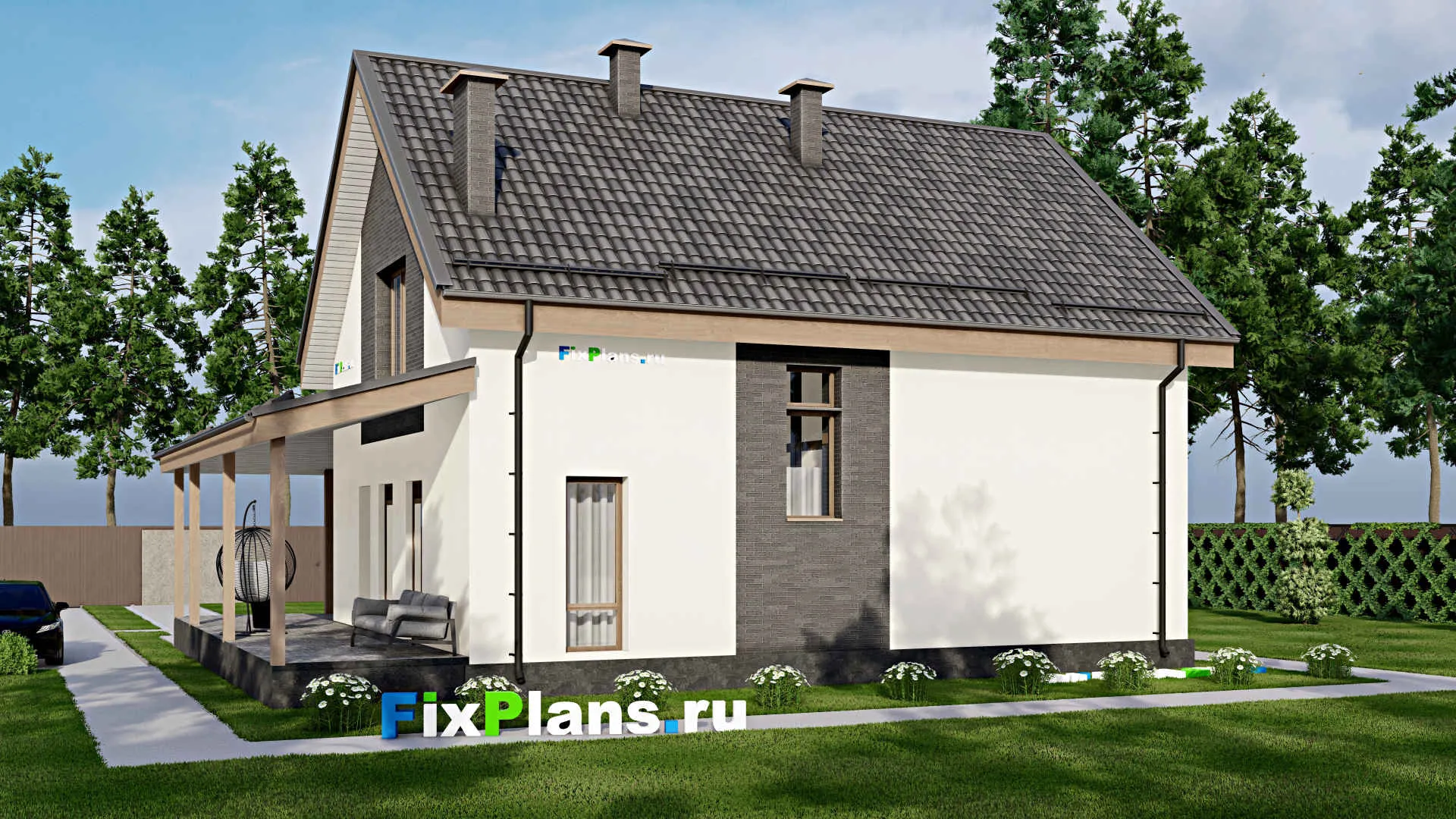 F-5786 - Проект дома с мансардой 12 на 12, площадью 210 м² с террасой и 3 спальнями