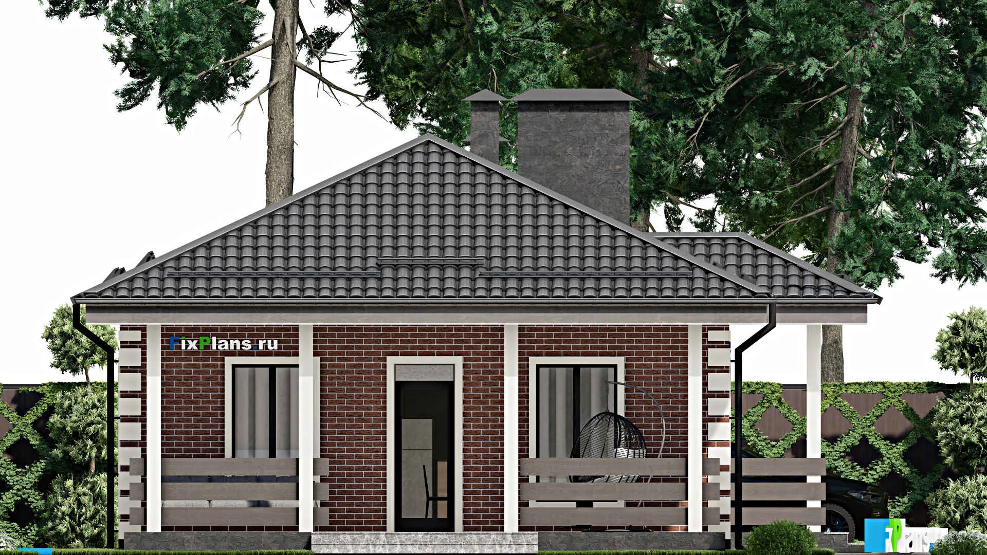 F-5552 - План одноэтажного дома 9 на 14, площадью 110 м² с террасой и 3 спальнями