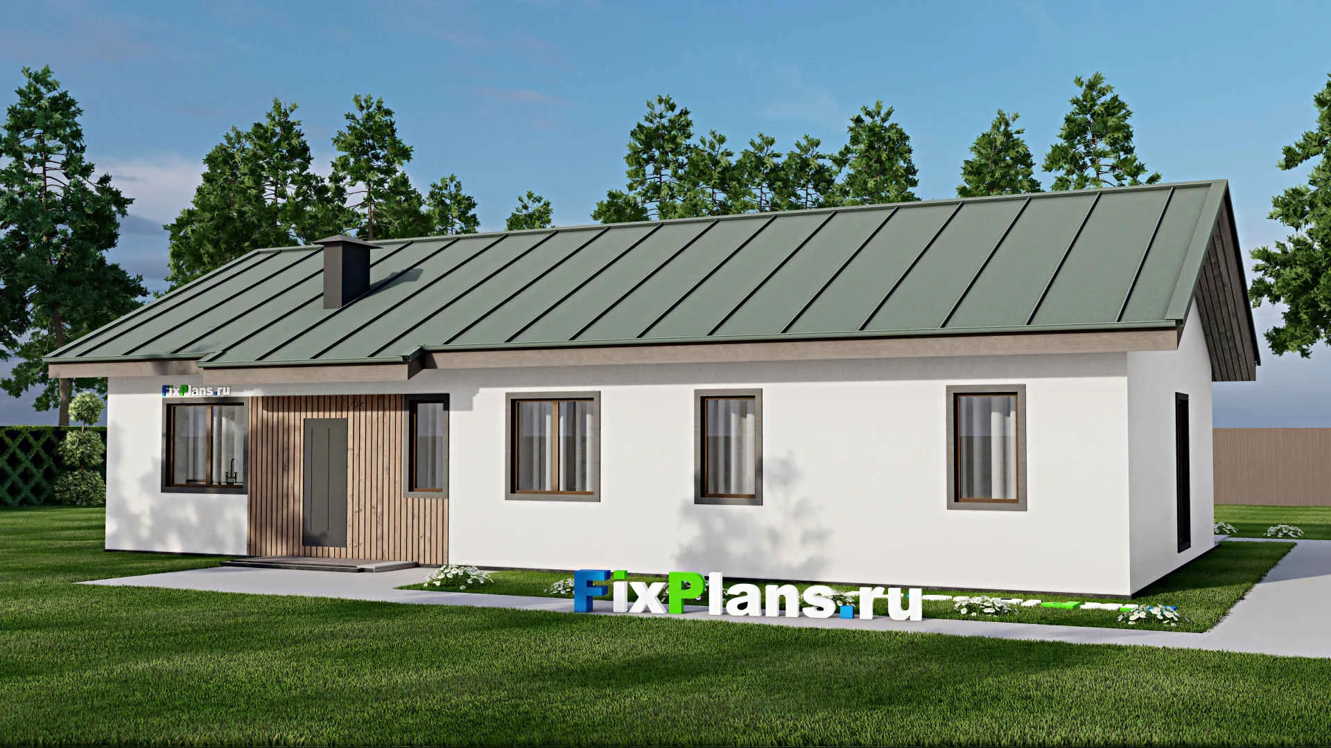 F-7055 - Проект одноэтажного дома 13 на 21, площадью 190 м² с террасой, баней и 3 спальнями