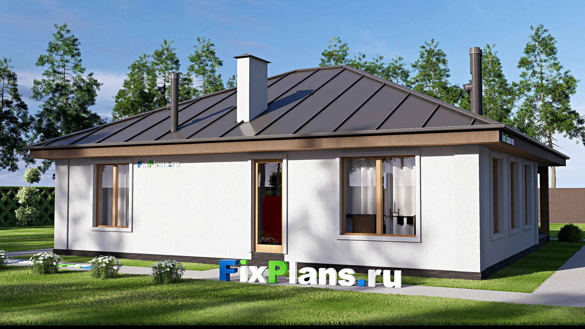 F-20294 - Проект одноэтажного дома 14 на 14, площадью 140 м² с террасой и 3 спальнями