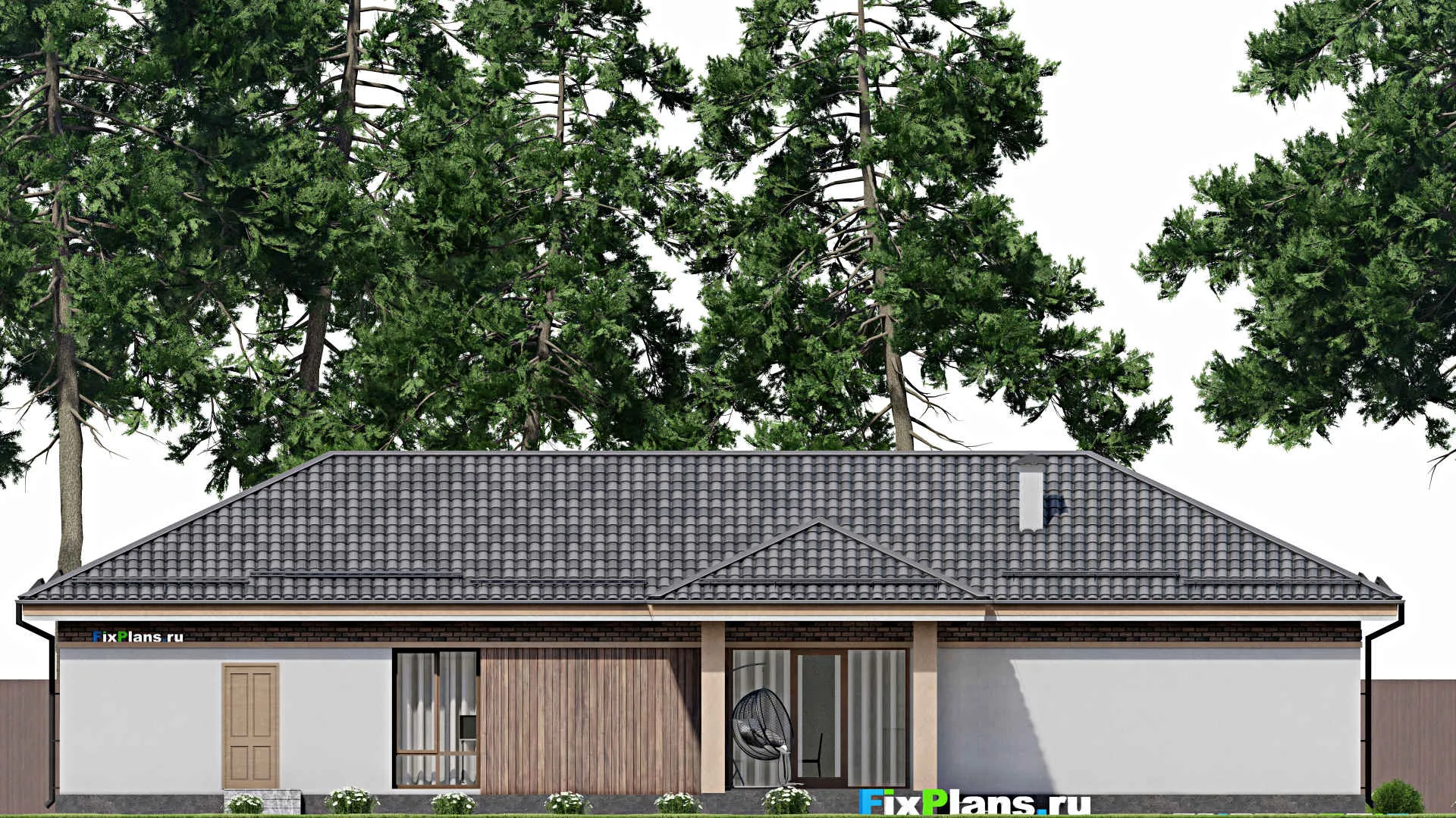 F-8729 - Проект одноэтажного дома 12 на 23, площадью 170 м² с террасой, гаражом на 1 машину и 3 спальнями