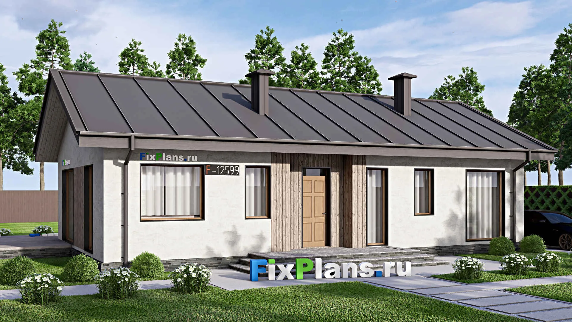 F-12599 - Проект одноэтажного дома 12 на 18, площадью 130 м² с террасой, баней и 3 спальнями