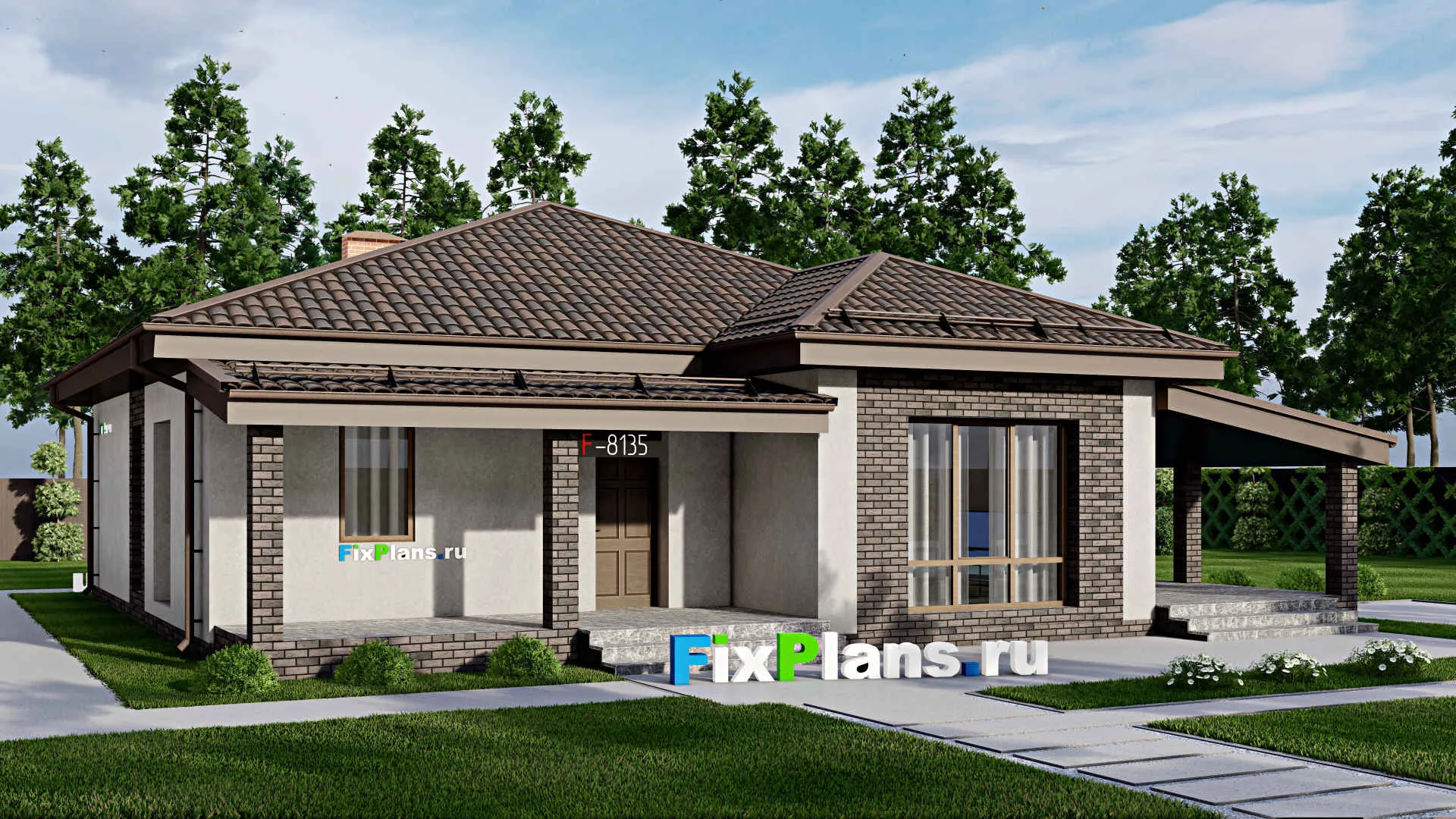 F-8135 - Проект одноэтажного дома 15 на 16, площадью 180 м² с террасой и 3 спальнями