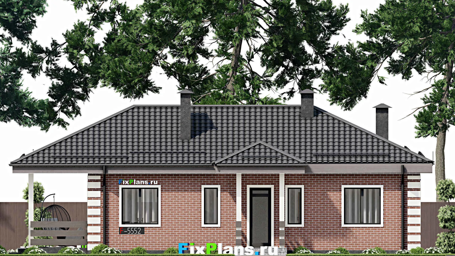 F-5552 - План одноэтажного дома 9 на 14, площадью 110 м² с террасой и 3 спальнями