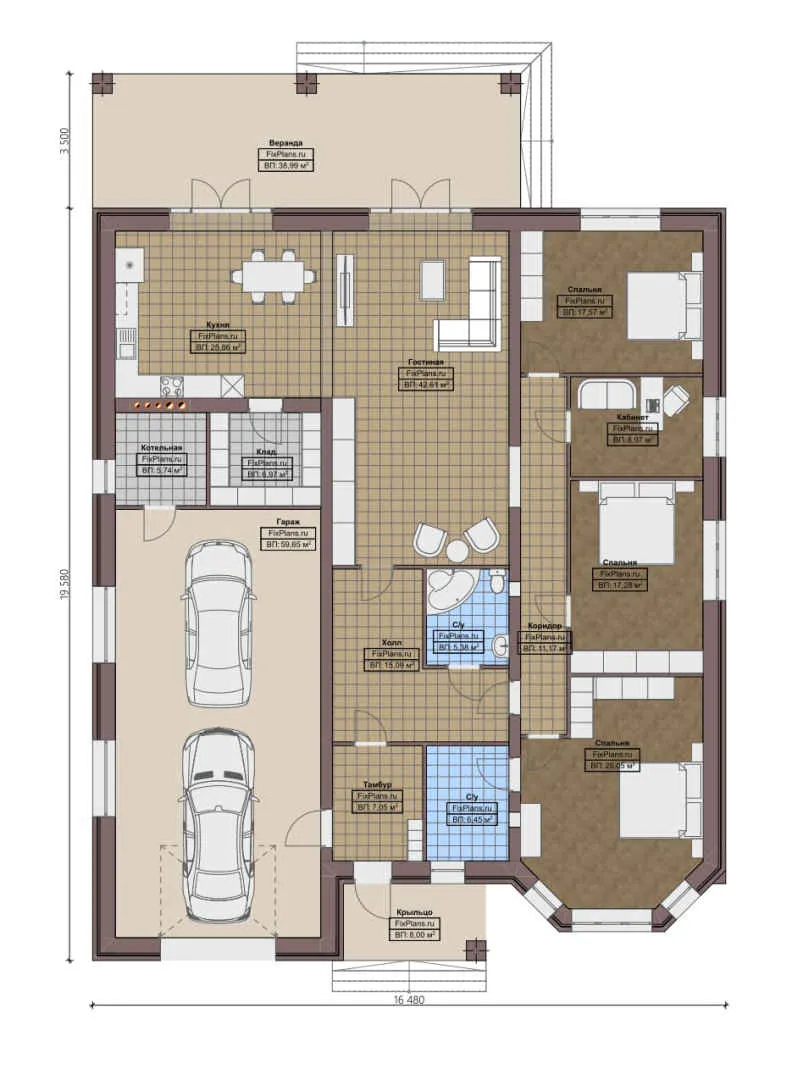 F-0287 - План одноэтажного дома 17 на 20, площадью 310 м² с террасой, гаражом на 2 машины и 3 спальнями