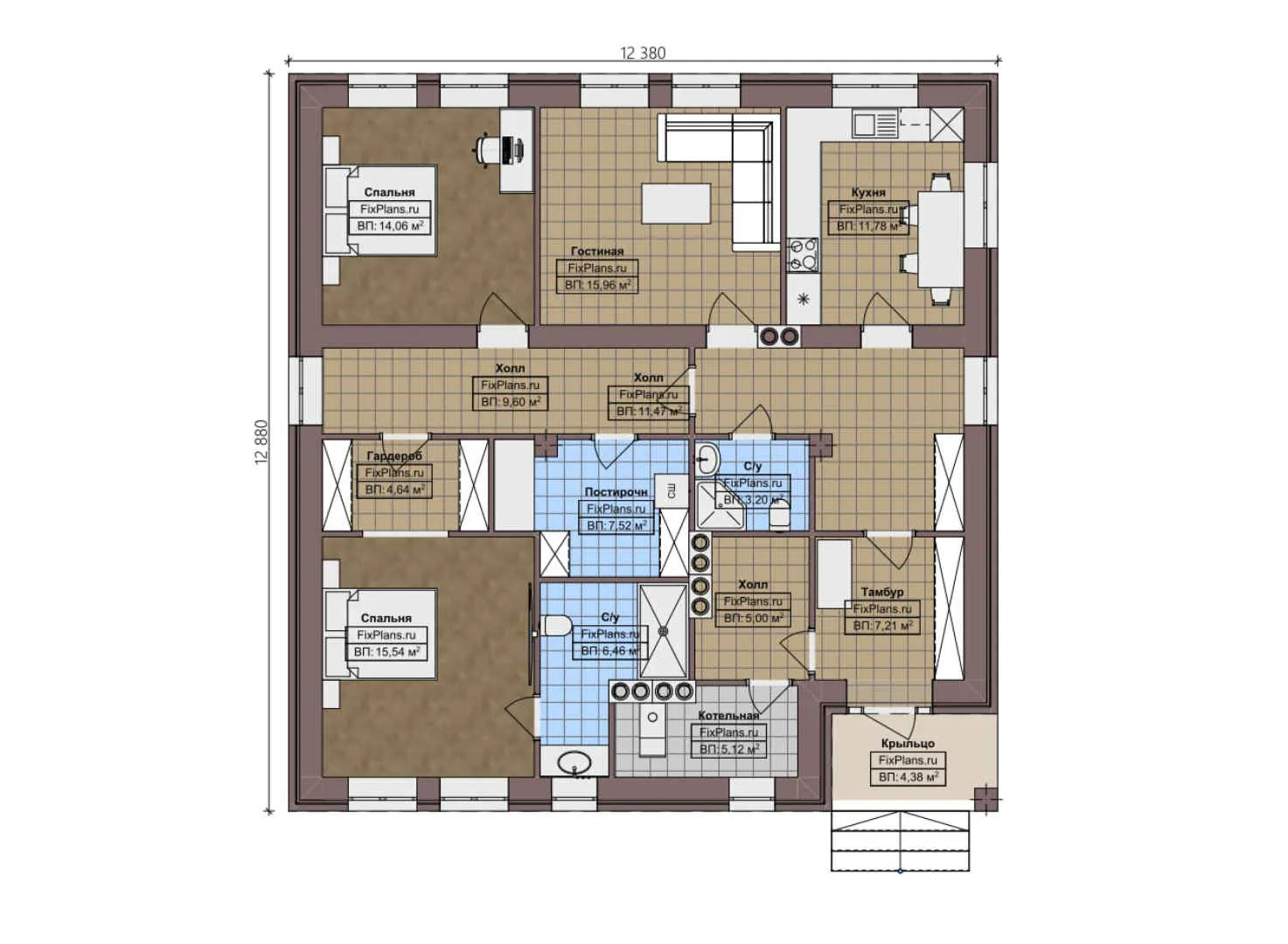 F-3239 - План одноэтажного дома 13 на 13, площадью 130 м² с 2 спальнями