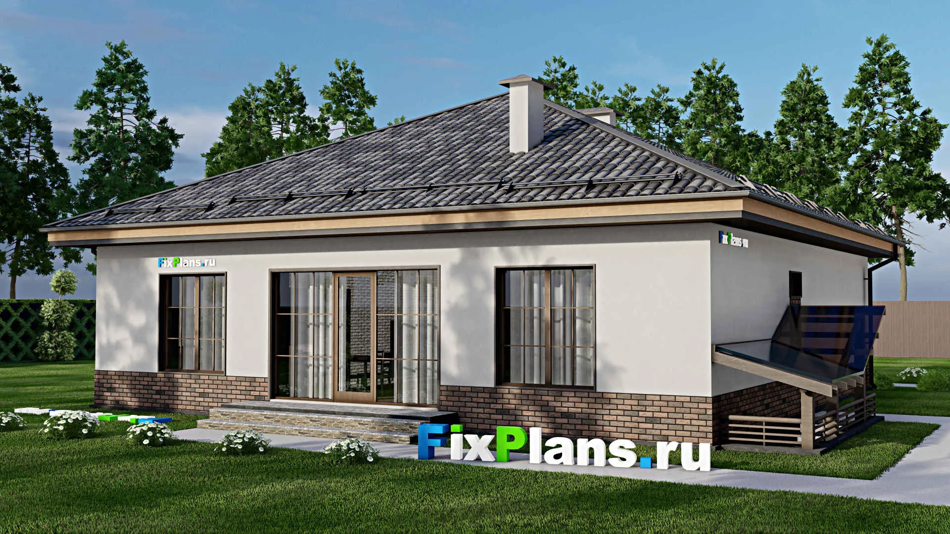 F-8981 - Проект одноэтажного дома 14 на 16, площадью 210 м² с террасой, цокольным этажом и 4 спальнями