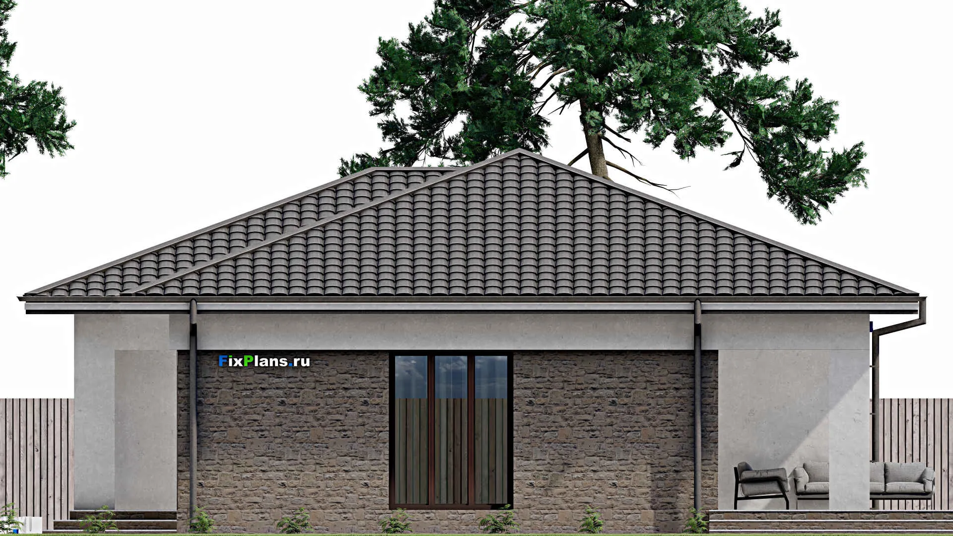 F-0485 - Проект одноэтажного дома 14 на 16, площадью 170 м² с террасой и 3 спальнями