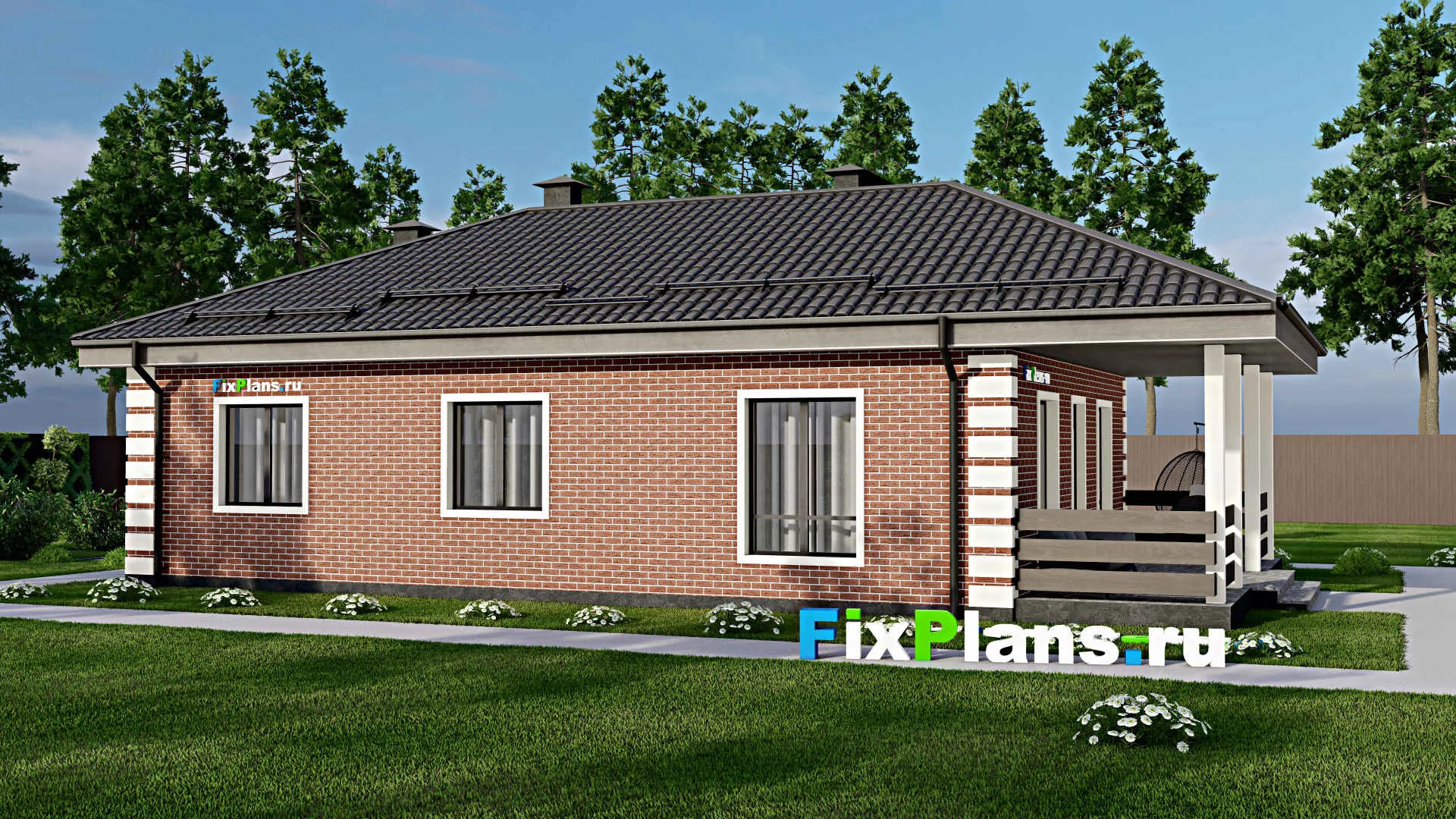 F-5552 - План одноэтажного дома 9 на 14, площадью 110 м² с террасой и 3 спальнями