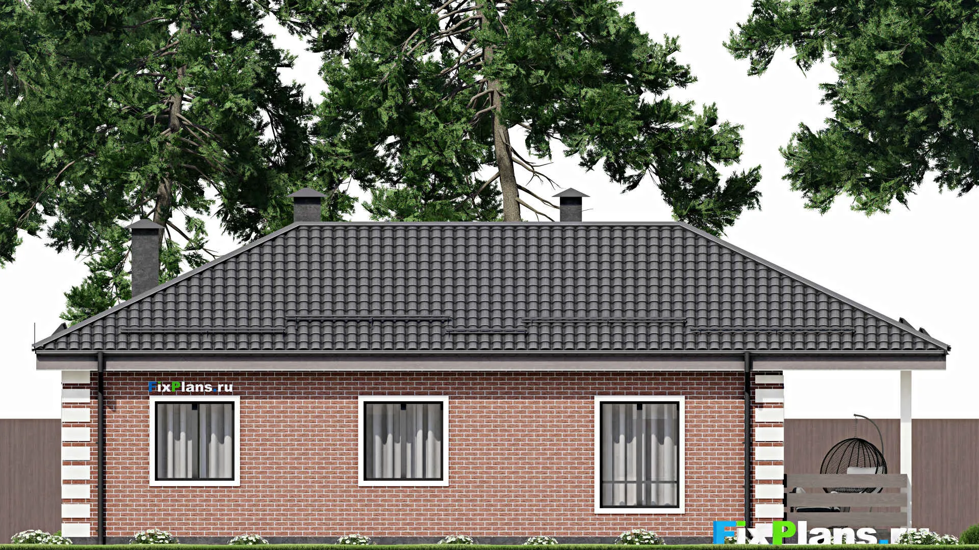 F-5552 - План одноэтажного дома 9 на 14, площадью 110 м² с террасой и 3 спальнями