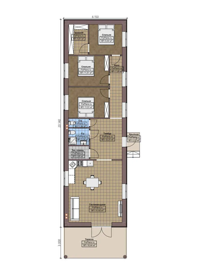 F-4409 - План одноэтажного дома 7 на 21, площадью 120 м² с террасой и 3 спальнями