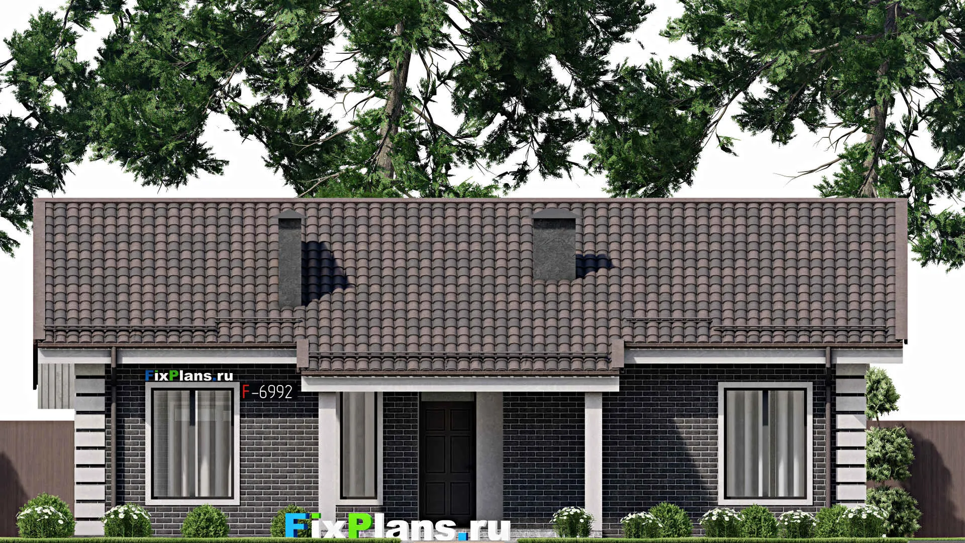 F-6992 - Проект одноэтажного дома 13 на 14, площадью 120 м² с террасой, баней и 3 спальнями