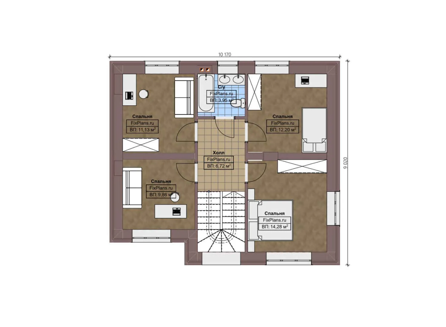 F-0593 - Планы двухэтажного дома 10 на 14, площадью 170 м² с террасой, гаражом на 1 машину и 5 спальнями