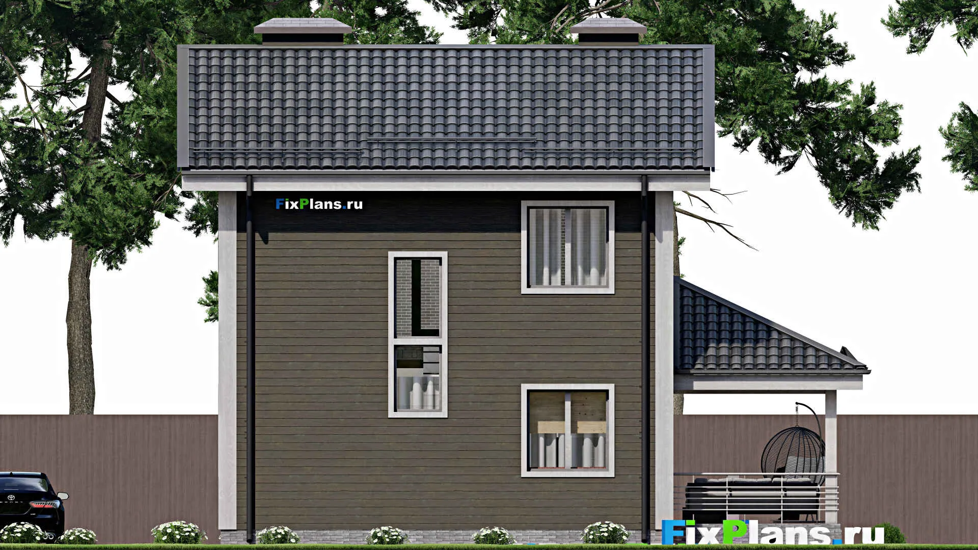 F-5831 - Проект двухэтажного дома 8 на 8, площадью 120 м² с террасой и 2 спальнями