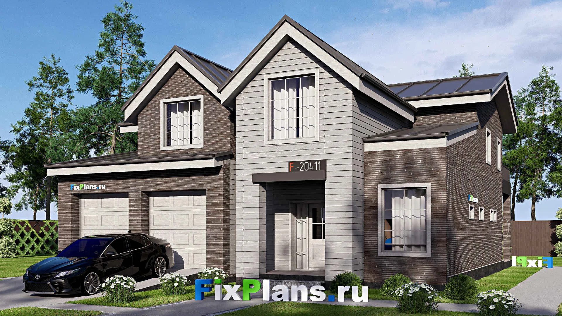 F-20411 - Проект дома с мансардой 14 на 15, площадью 240 м² с террасой, балконом, гаражом на 1 машину и 5 спальнями