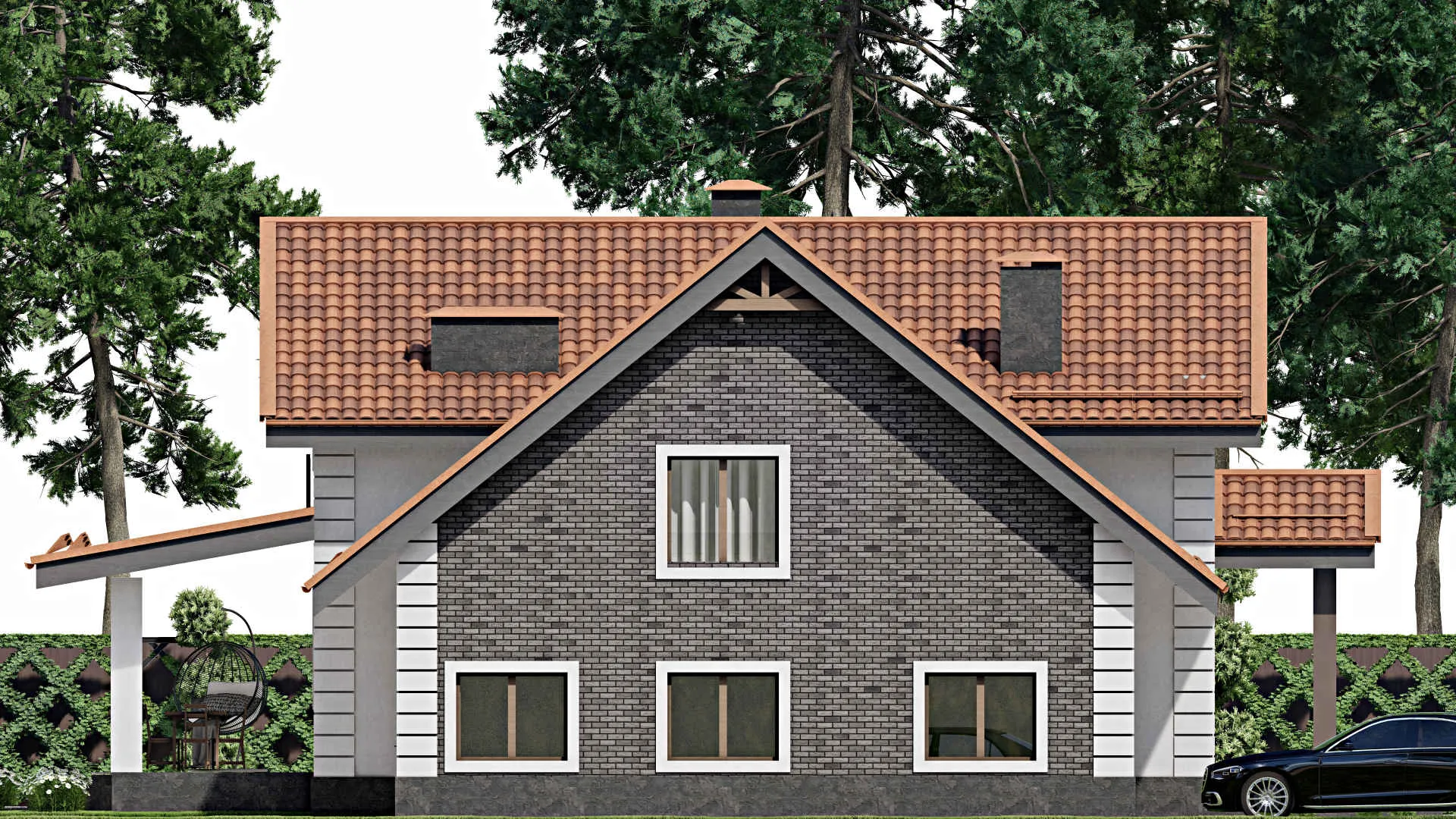 F-8783 - Проект дома с мансардой 14 на 16, площадью 250 м² с террасой, балконом, гаражом на 1 машину, спортзалом и 4 спальнями