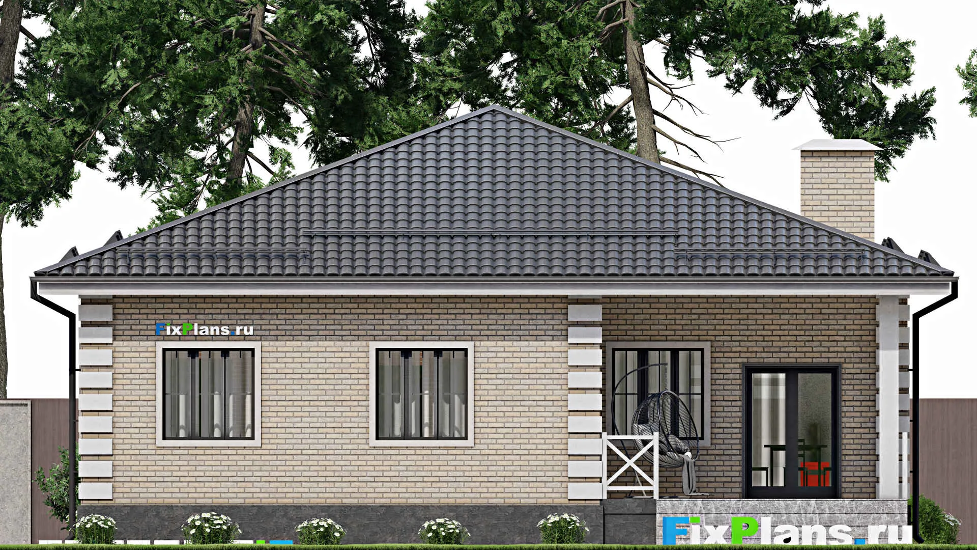 F-2654 - Проект одноэтажного дома 13 на 14, площадью 140 м² с террасой и 3 спальнями