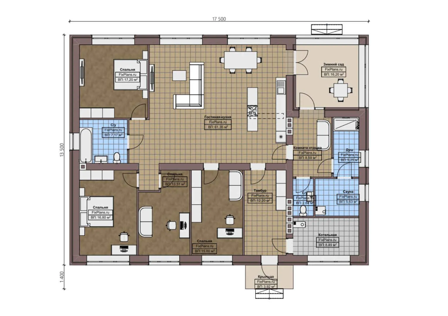 F-1223 - План одноэтажного дома 14 на 18, площадью 200 м² с баней и 4 спальнями