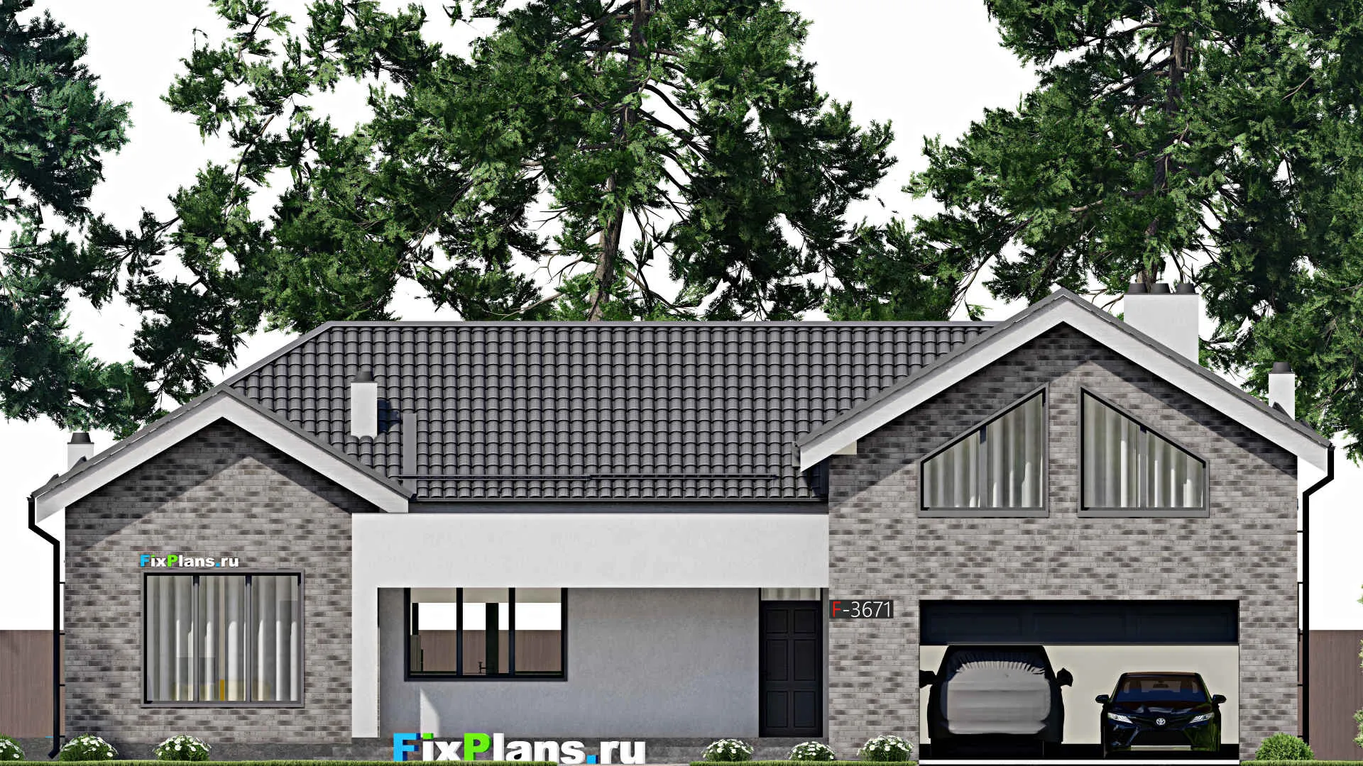 F-3671 - Проект дома с мансардой 17 на 20, площадью 380 м² с террасой, гаражом на 2 машины и 3 спальнями