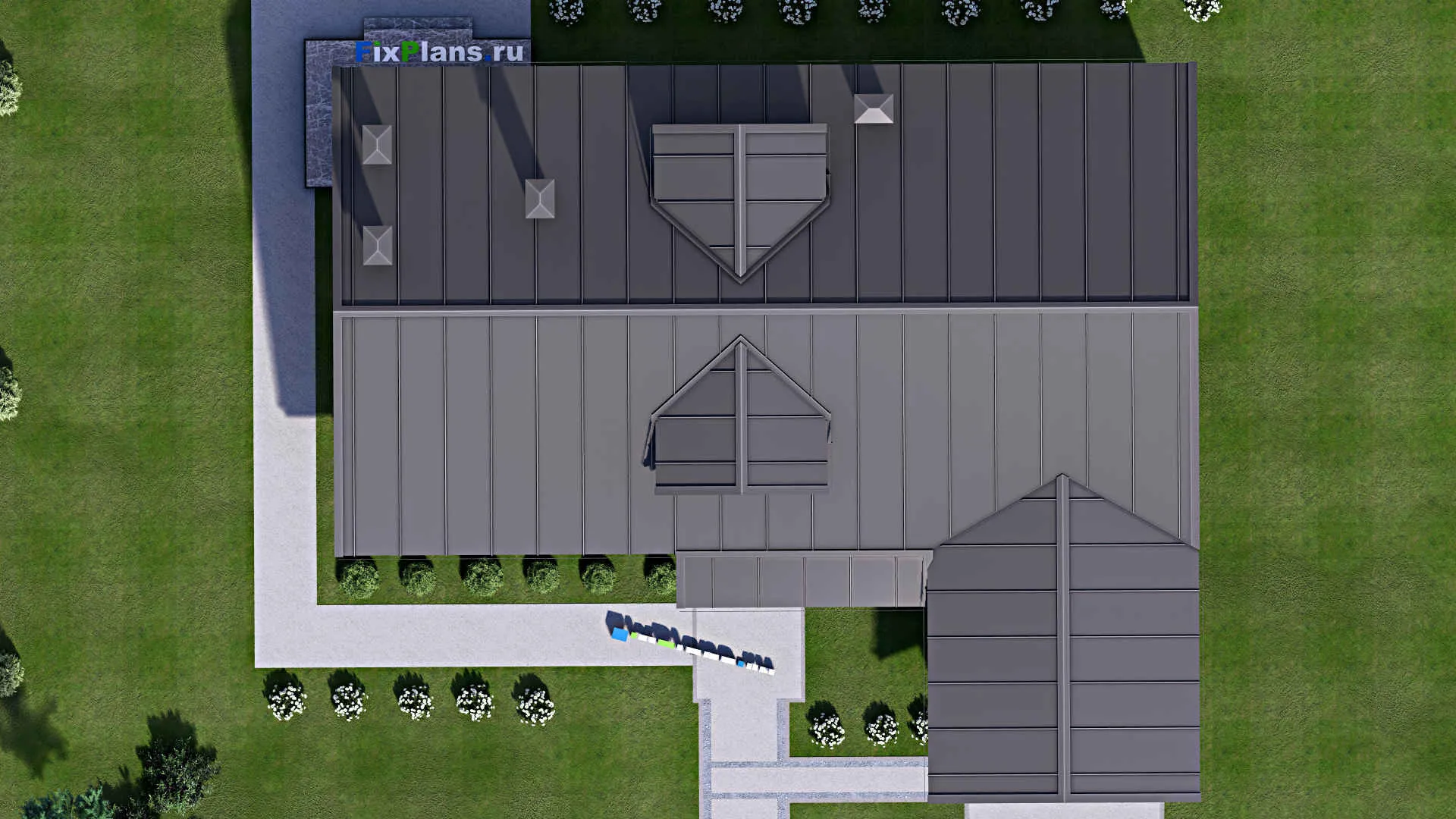 F-14336 - Проект одноэтажного дома 18 на 21, площадью 200 м² с террасой, баней, гаражом на 2 машины, бассейном и 2 спальнями