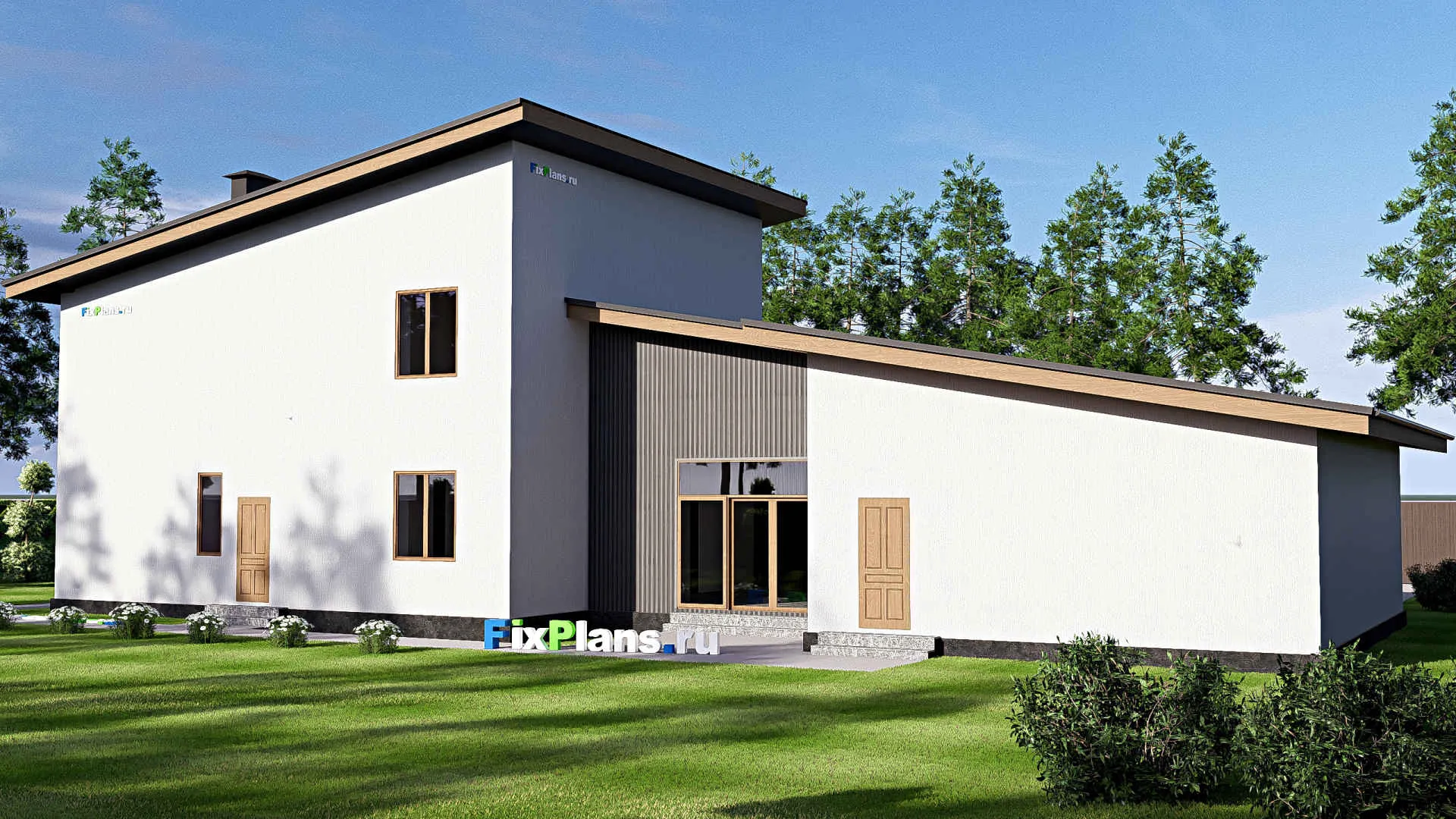 F-18881 - Проект двухэтажного дома 10 на 27, площадью 280 м² с террасой, гаражом на 2 машины и 4 спальнями