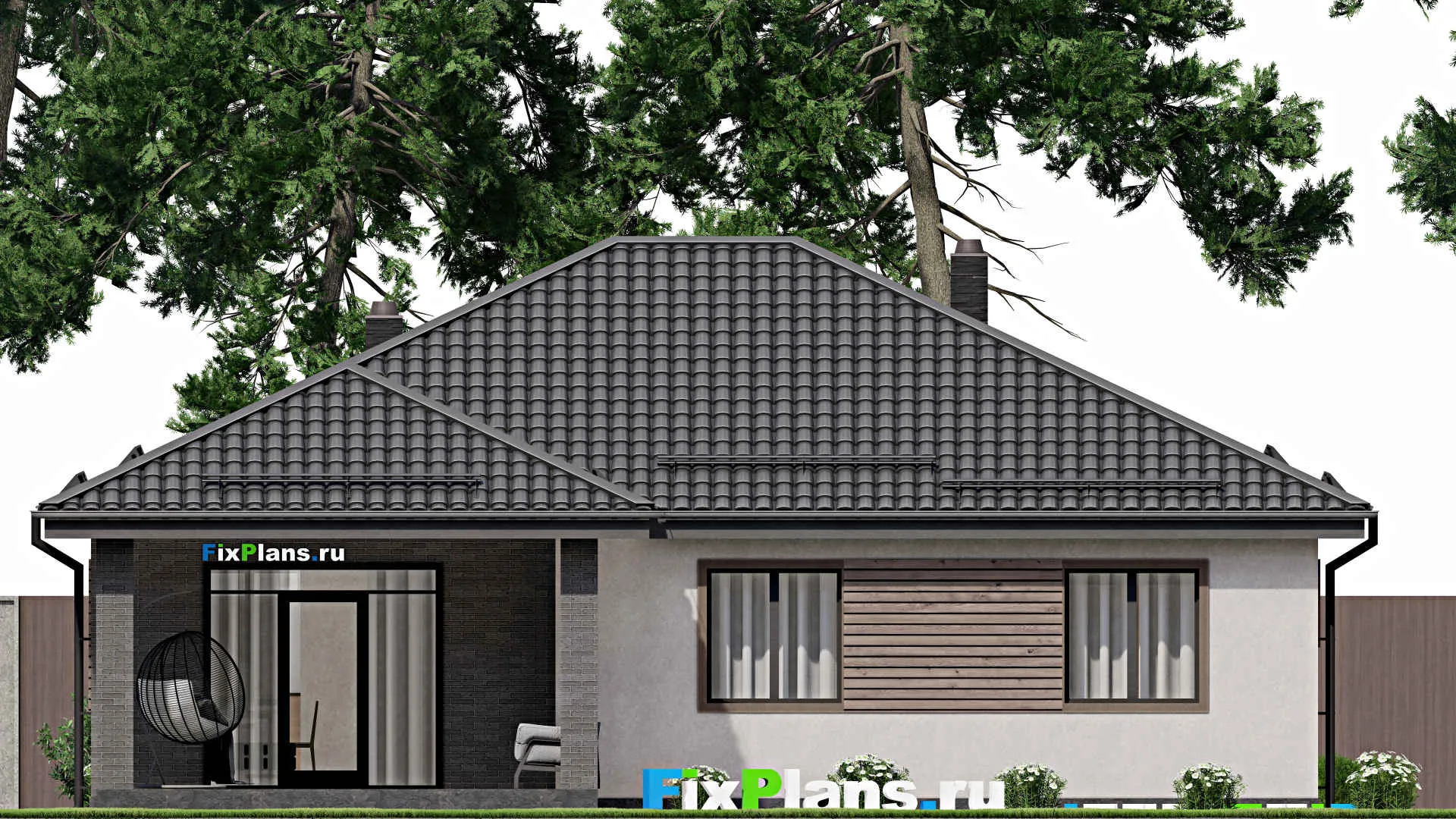 F-3095 - Проект одноэтажного дома 12 на 14, площадью 140 м² с террасой и 3 спальнями