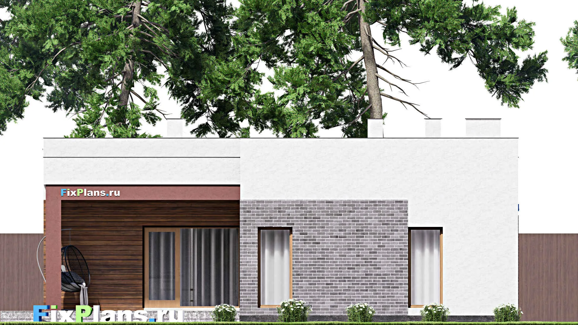 F-16055 - Проект одноэтажного дома 14 на 20, площадью 190 м² с террасой, гаражом на 1 машину и 3 спальнями