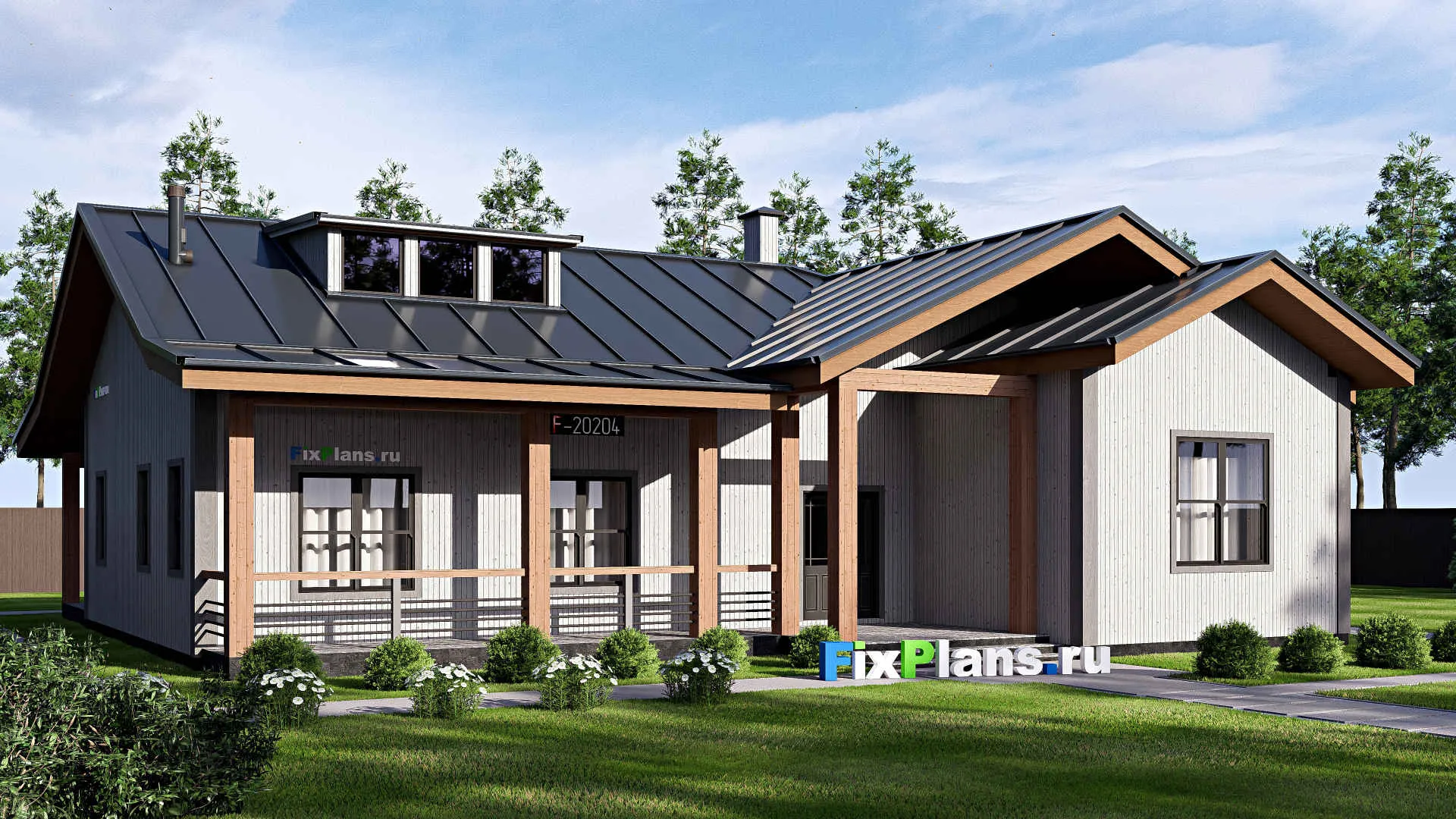 F-20204 - Проект одноэтажного дома 19 на 20, площадью 260 м² с террасой и 2 спальнями
