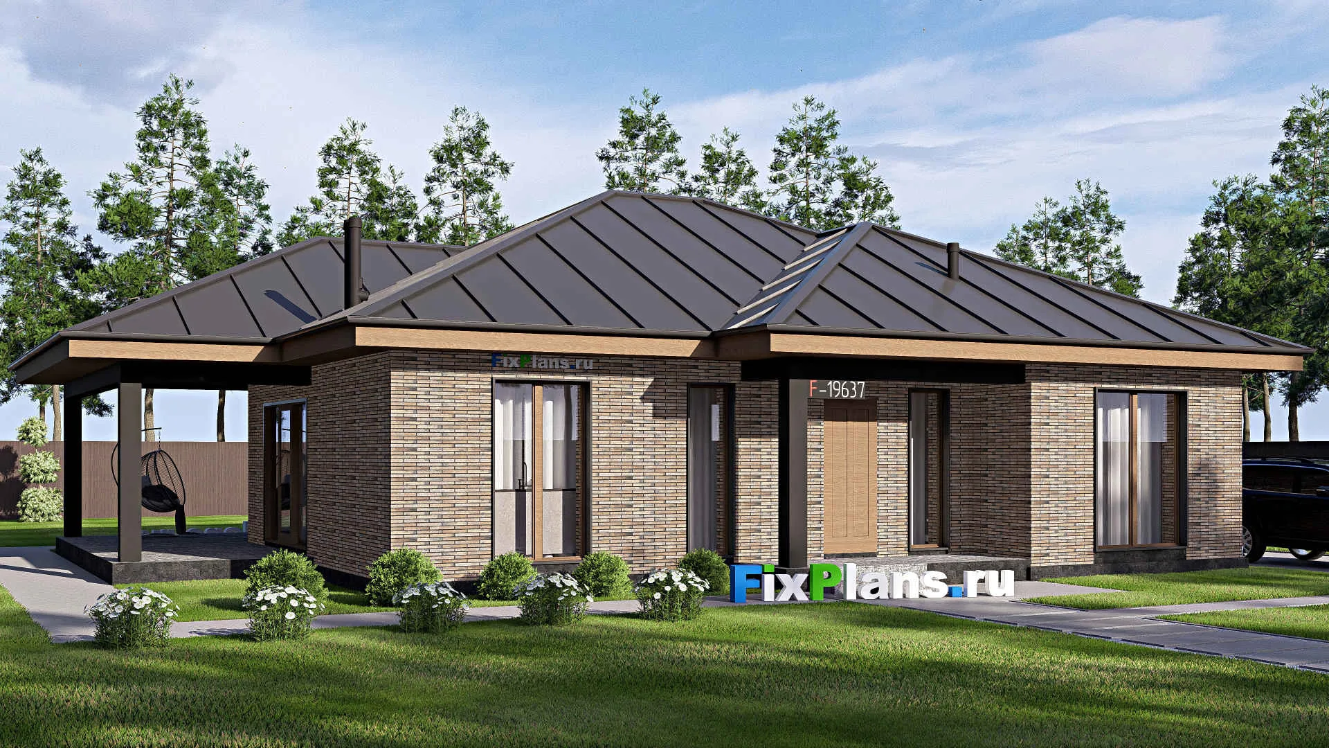 F-19637 - Проект одноэтажного дома 14 на 18, площадью 180 м² с террасой и 3 спальнями