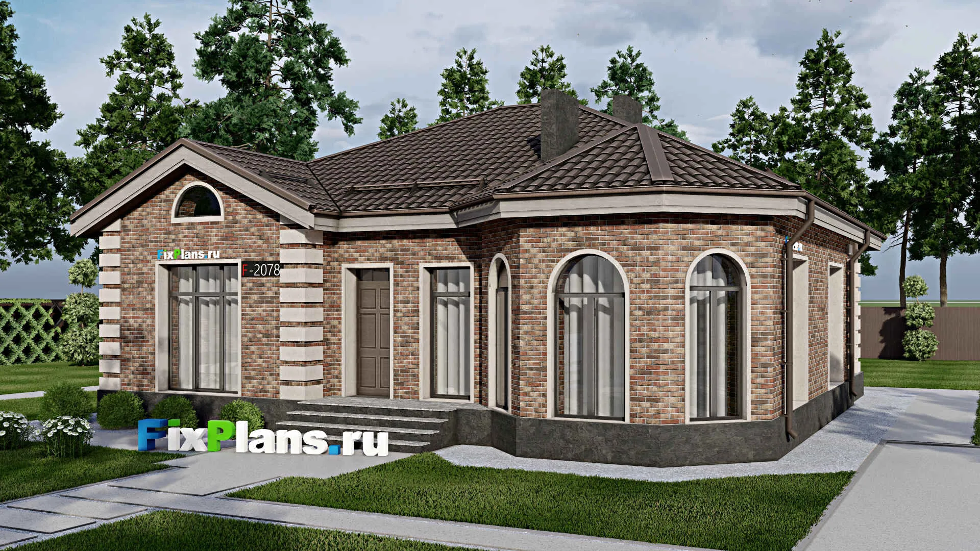 F-2078 - Проект одноэтажного дома 13 на 13, площадью 130 м² с террасой и 3 спальнями