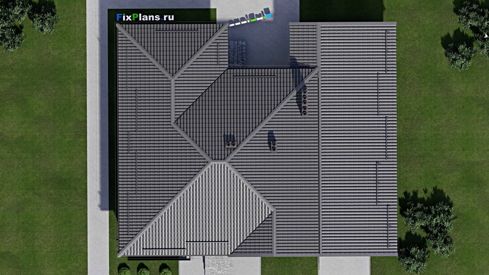 F-3878 - Проект одноэтажного дома 15 на 19, площадью 340 м² с террасой, цокольным этажом, баней, гаражом на 1 машину и 3 спальнями