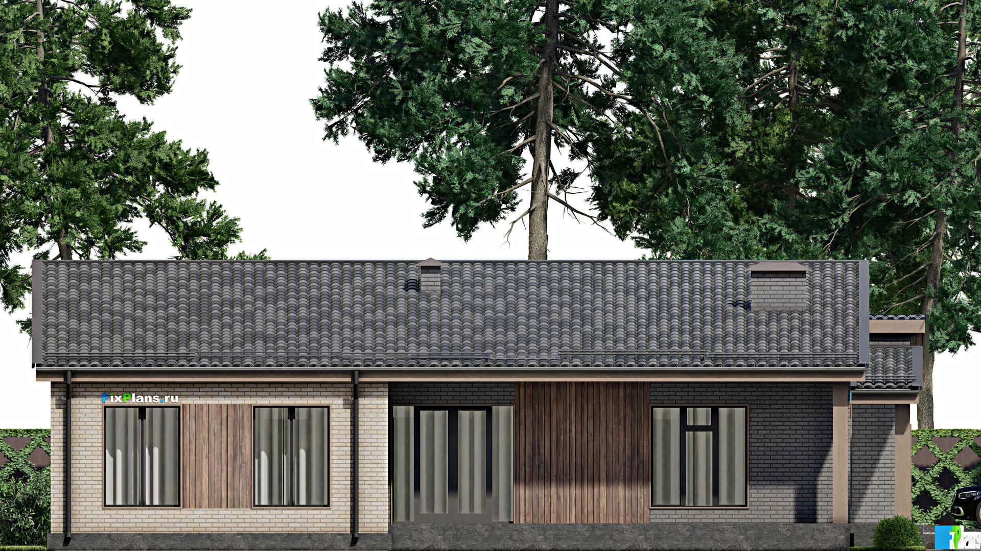 F-5696 - План одноэтажного дома 16 на 18, площадью 210 м² с террасой, гаражом на 1 машину и 3 спальнями