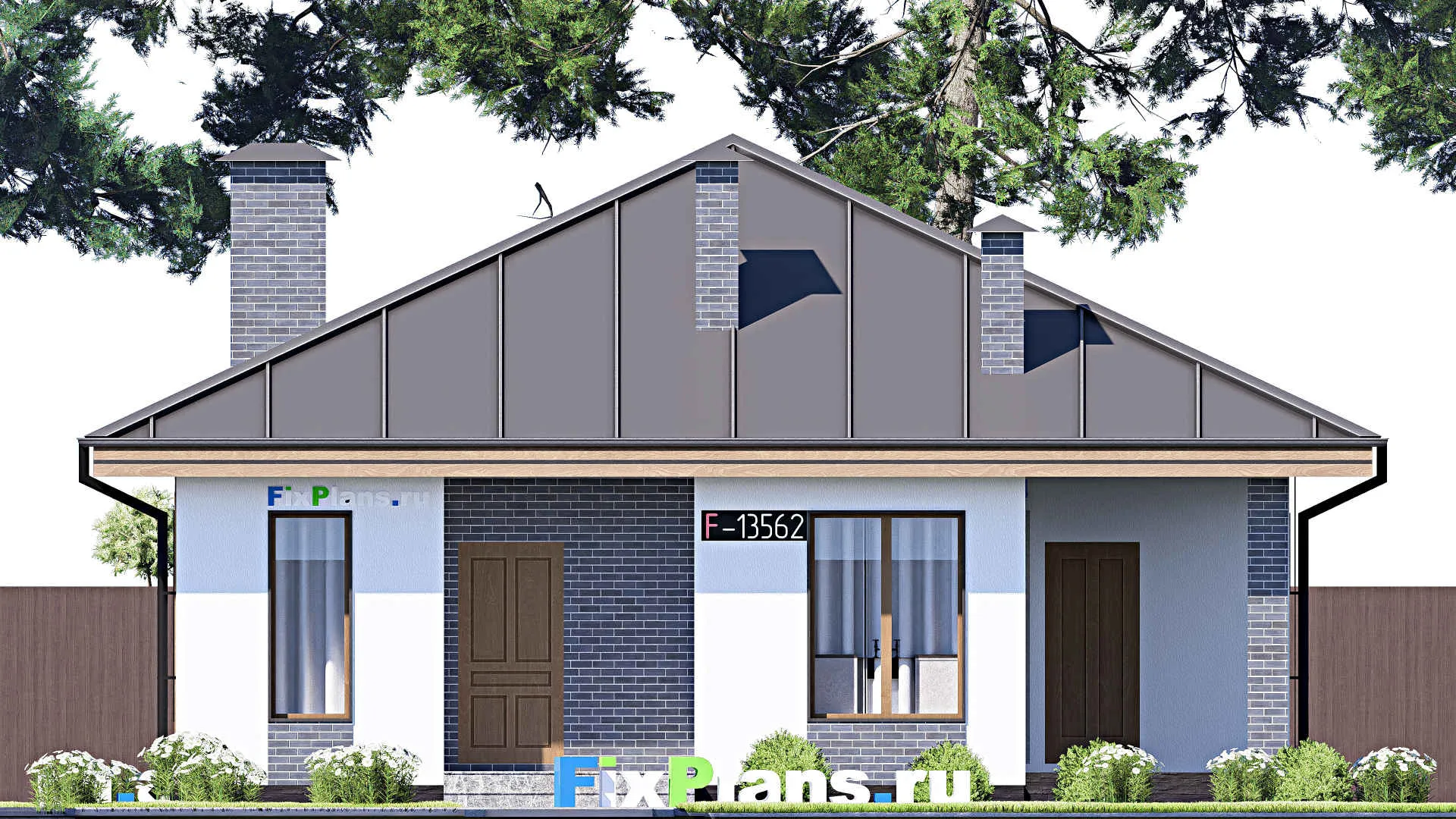 F-13562 - Проект одноэтажного дома 11 на 13, площадью 110 м² с террасой, баней и 2 спальнями