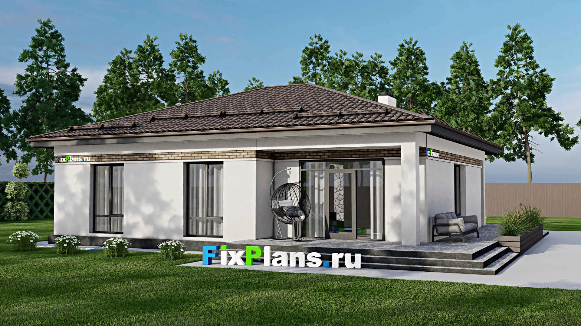 F-2411 - План одноэтажного дома 12 на 14, площадью 170 м² с террасой и 3 спальнями