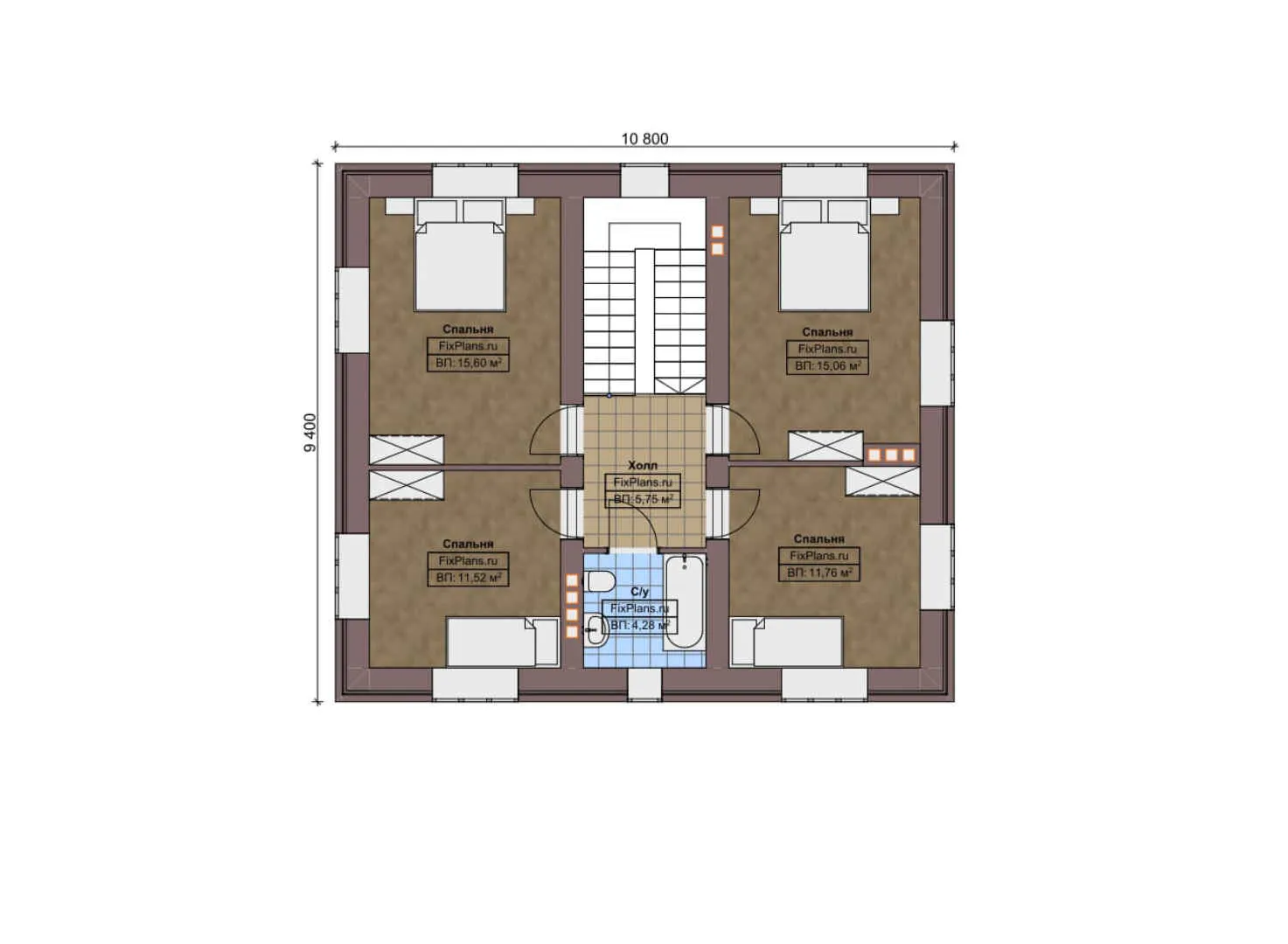 F-8990 - Планы двухэтажного дома 11 на 11, площадью 370 м² с террасой и 9 спальнями
