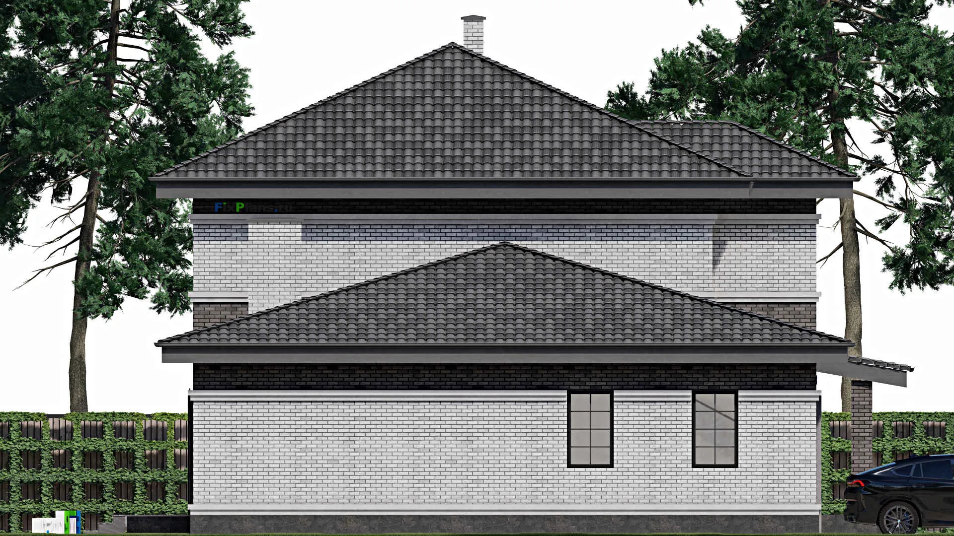 F-1772 - Проект двухэтажного дома 12 на 17, площадью 240 м² с террасой, гаражом на 2 машины и 4 спальнями