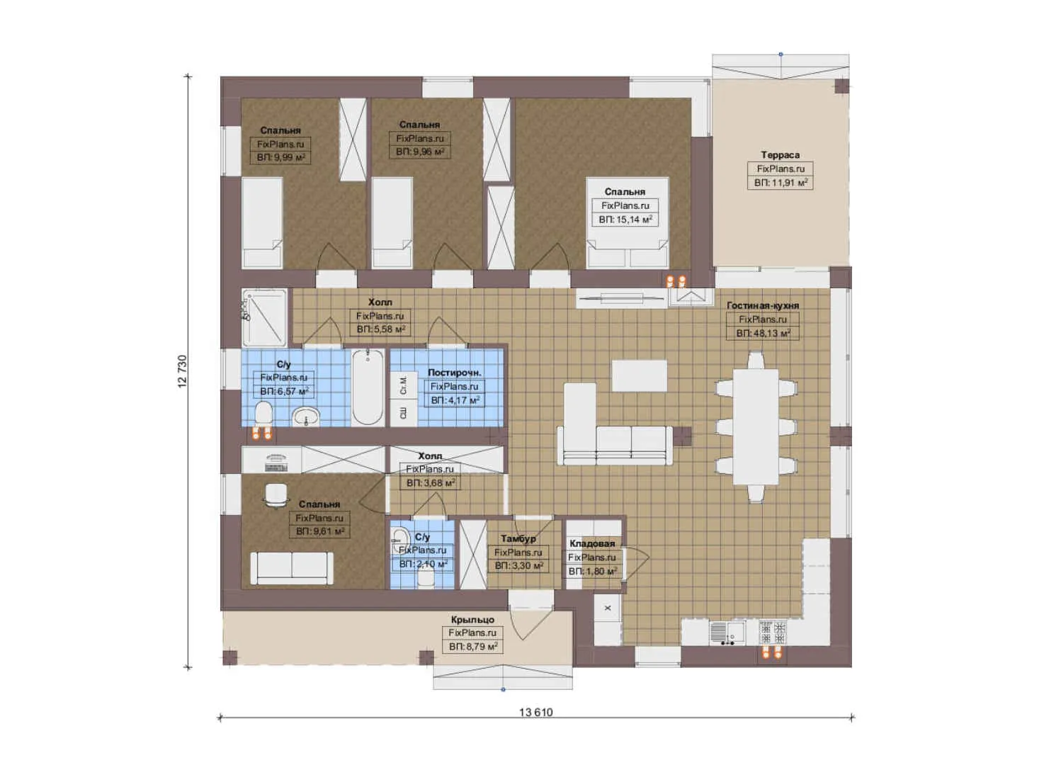 F-15821 - План одноэтажного дома 13 на 14, площадью 150 м² с террасой и 4 спальнями